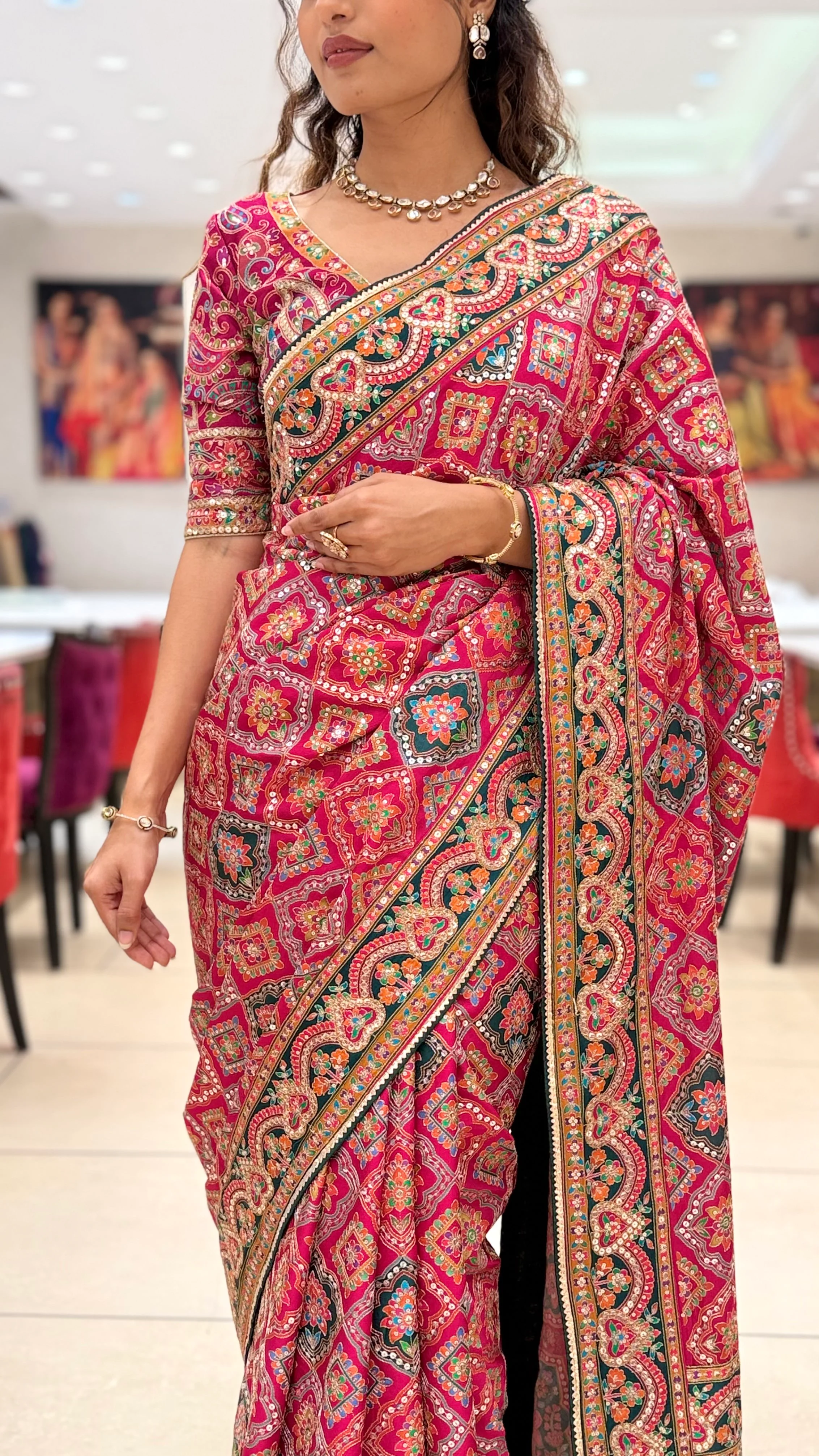 Royal Pink Embroidered Designer Saree with Traditional Motif Work - Image 2