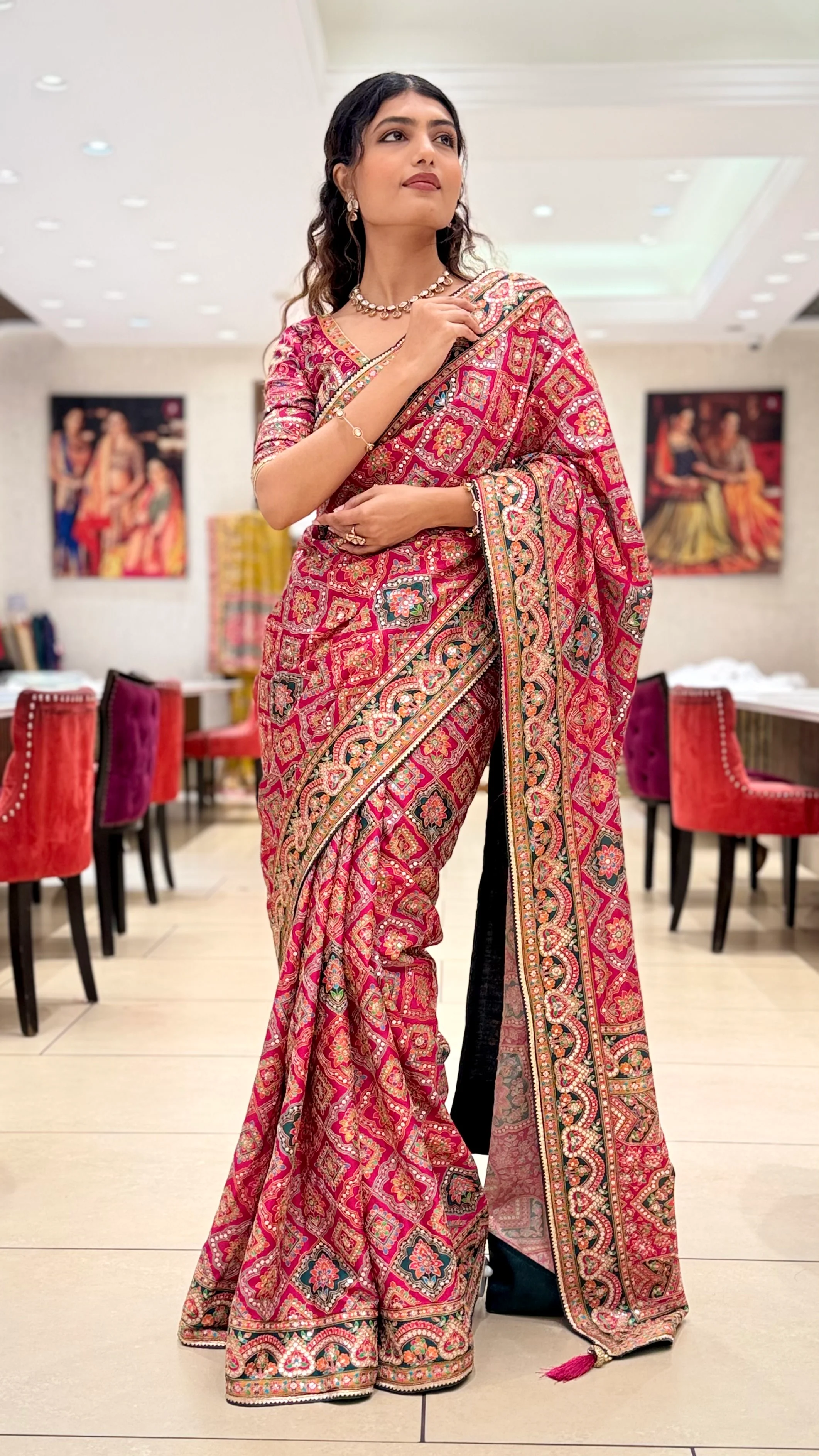 Royal Pink Embroidered Designer Saree with Traditional Motif Work - Image 3