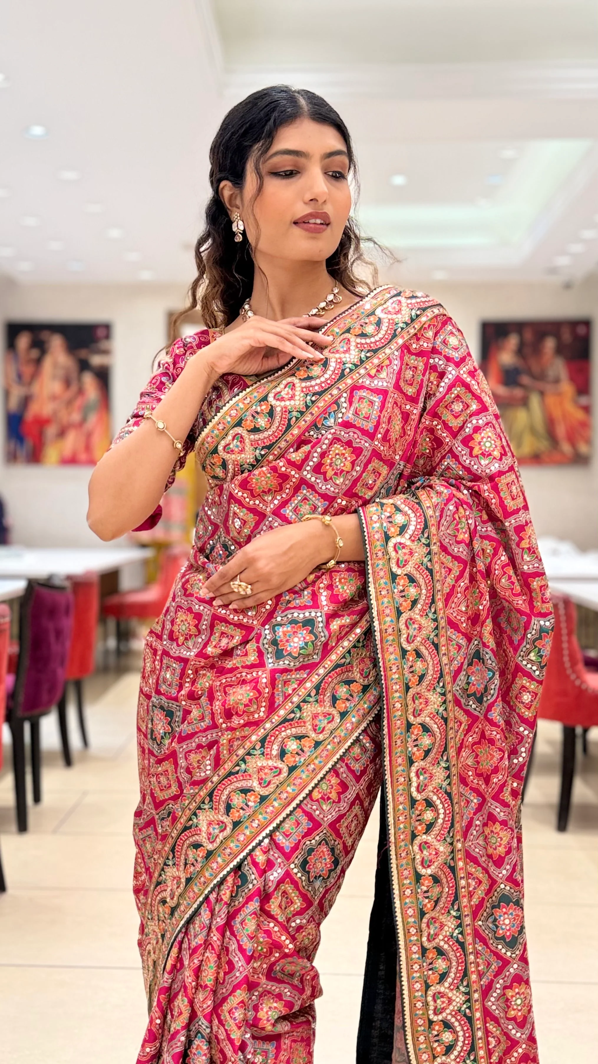 Royal Pink Embroidered Designer Saree with Traditional Motif Work - Image 4