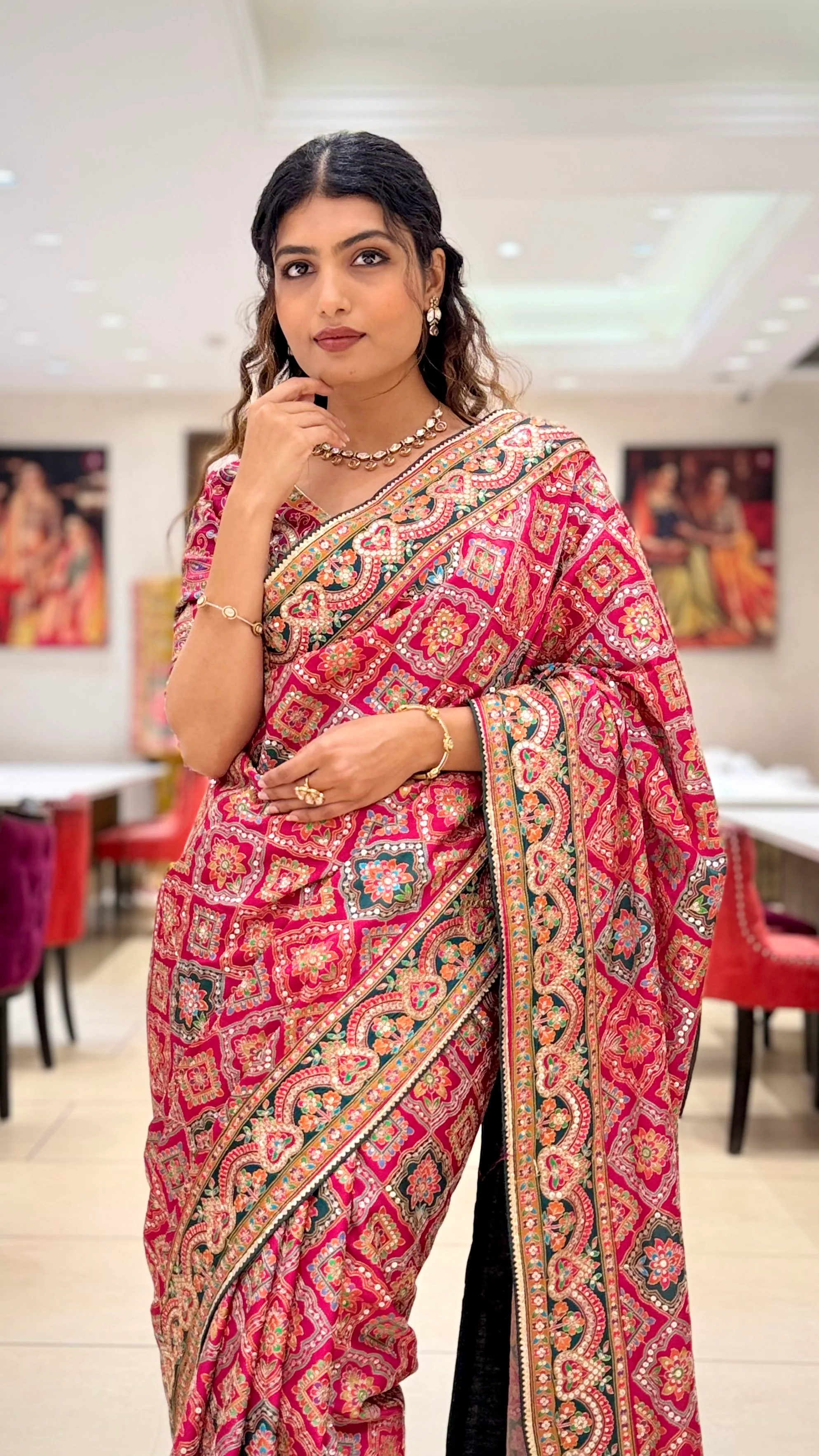 Royal Pink Embroidered Designer Saree with Traditional Motif Work - Image 5