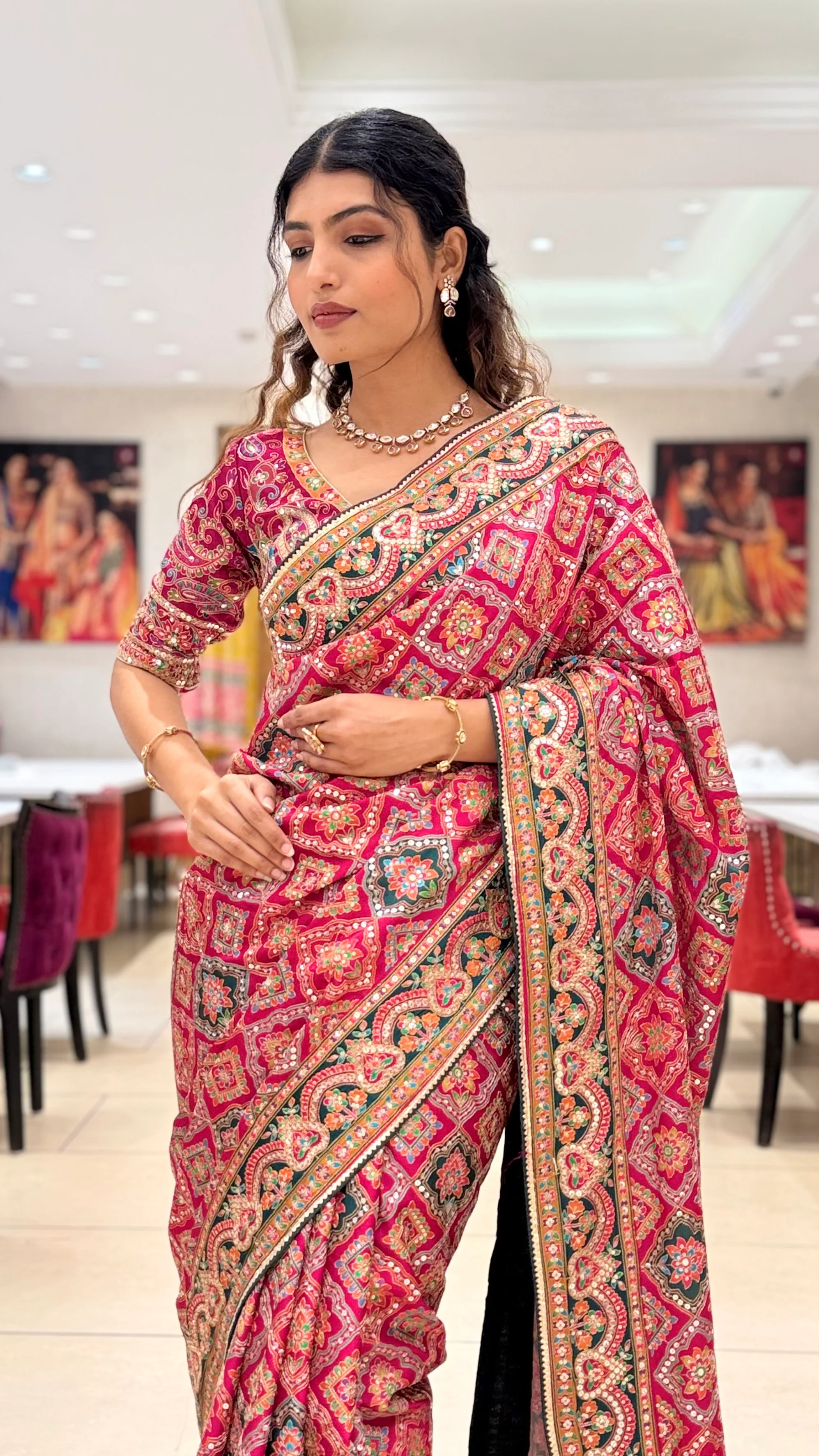 Royal Pink Embroidered Designer Saree with Traditional Motif Work - Image 6
