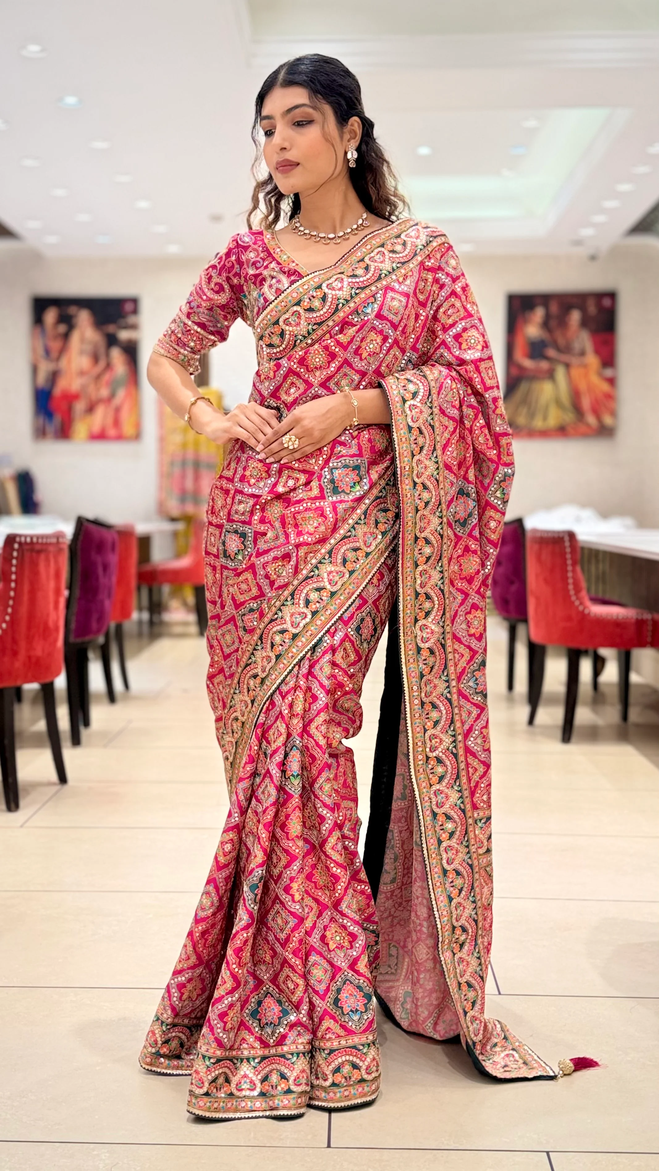 Royal Pink Embroidered Designer Saree with Traditional Motif Work - Image 7
