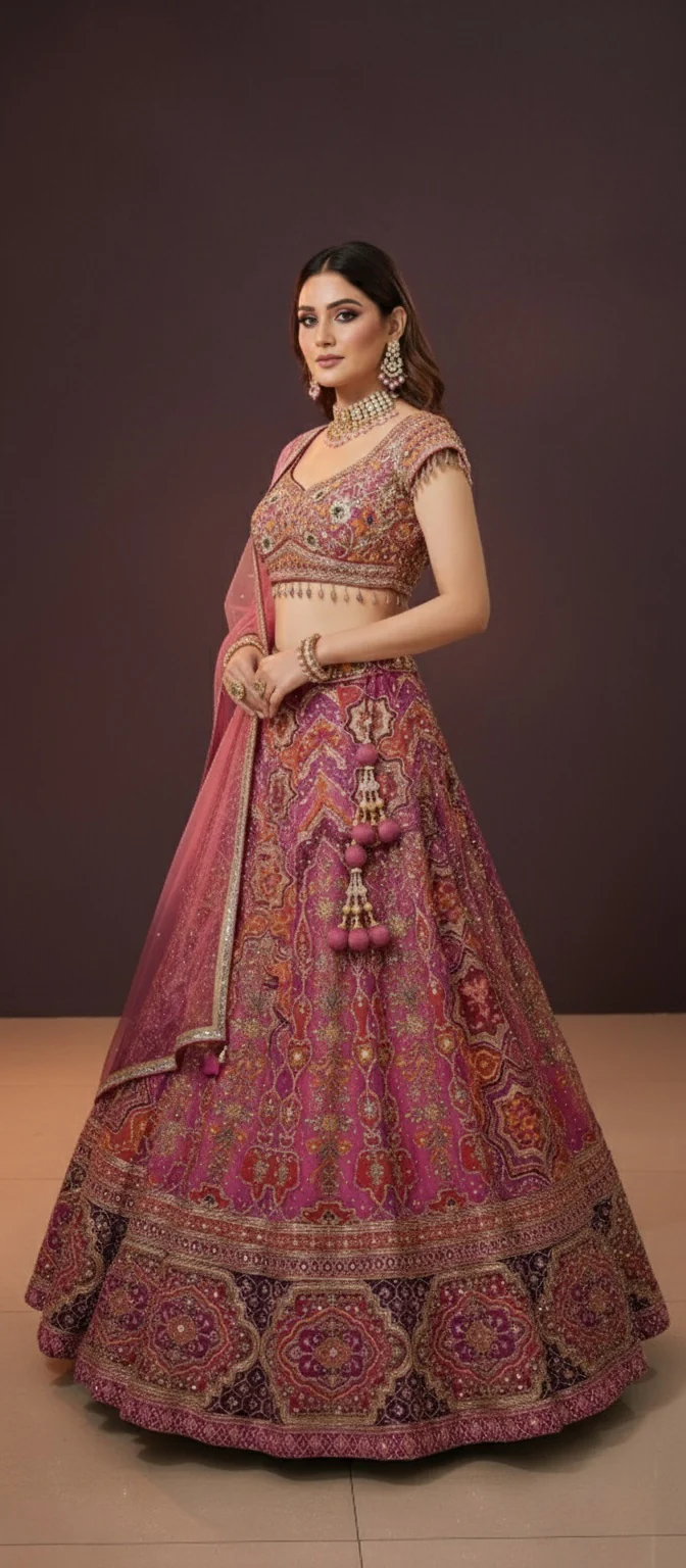 Royal Pink Embroidered with Ombre Dupatta Lehenga Choli Set - Image 4
