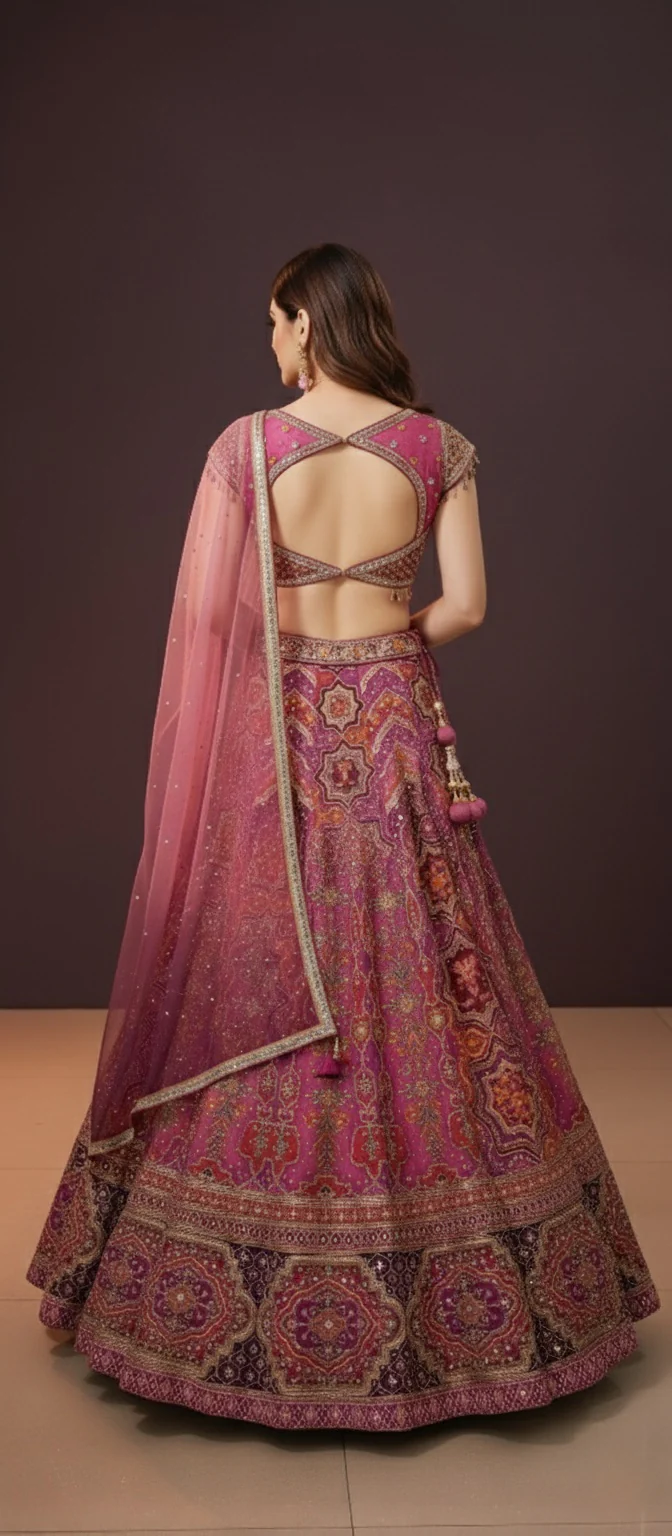 Royal Pink Embroidered with Ombre Dupatta Lehenga Choli Set - Image 5