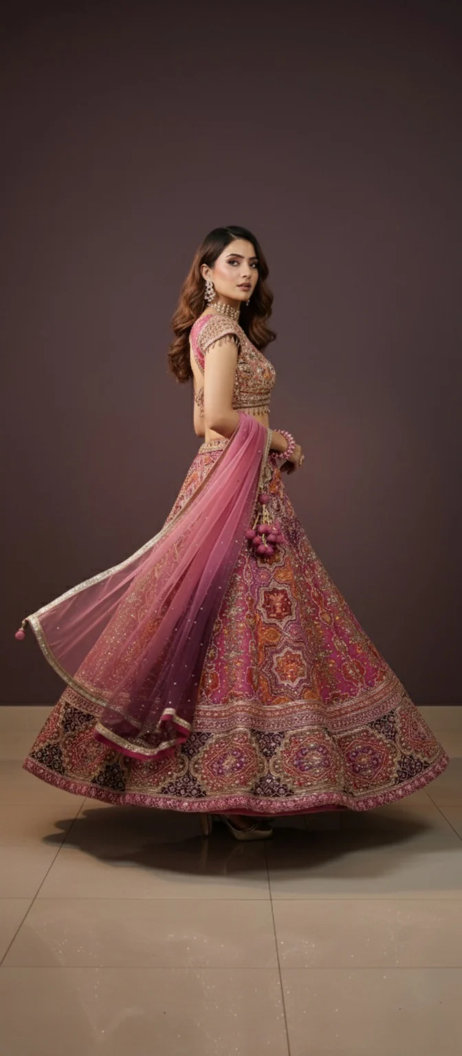 Royal Pink Embroidered with Ombre Dupatta Lehenga Choli Set - Image 6
