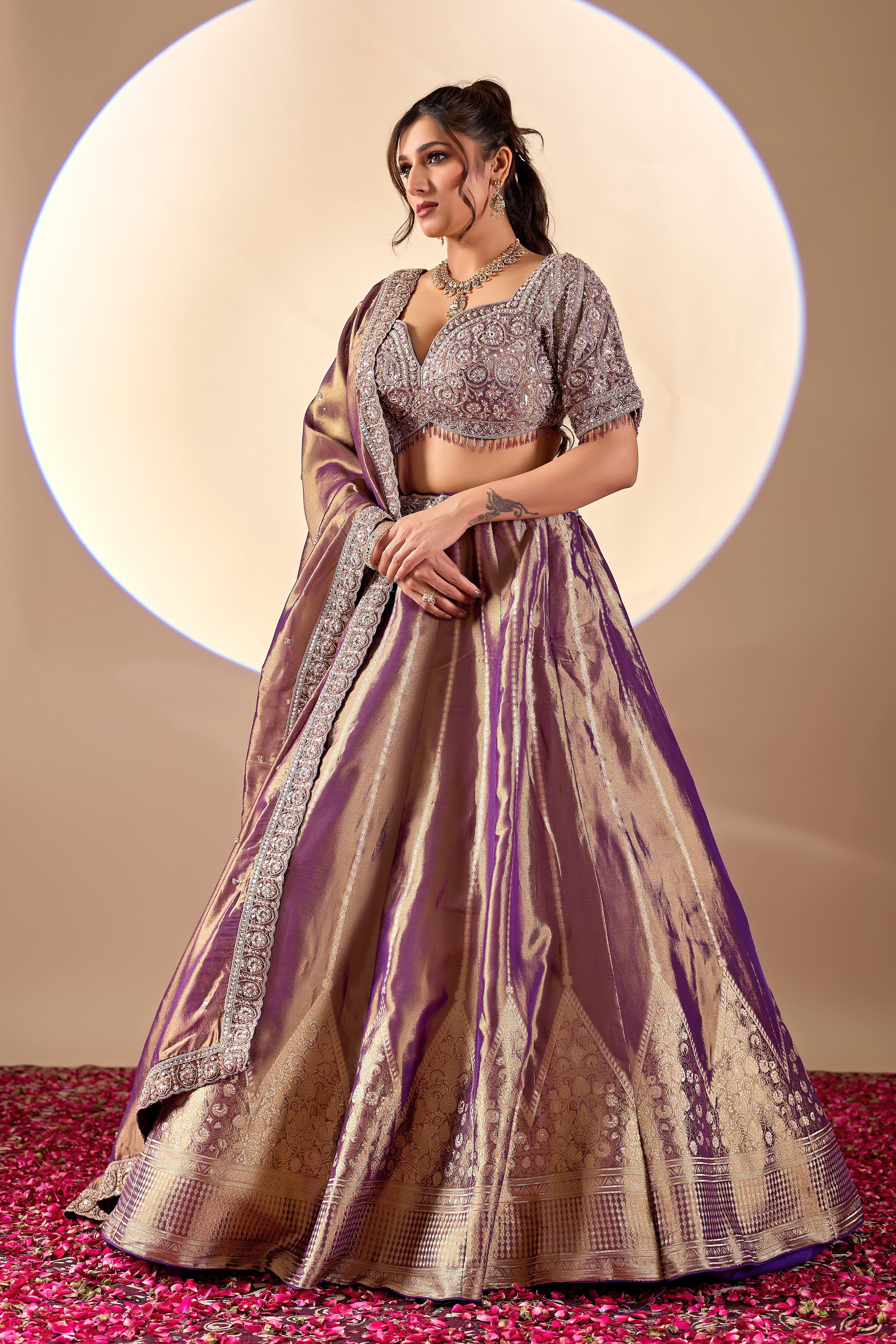 Royal Purple Banarasi Lehenga Set with Embroidered Blouse - Image 4