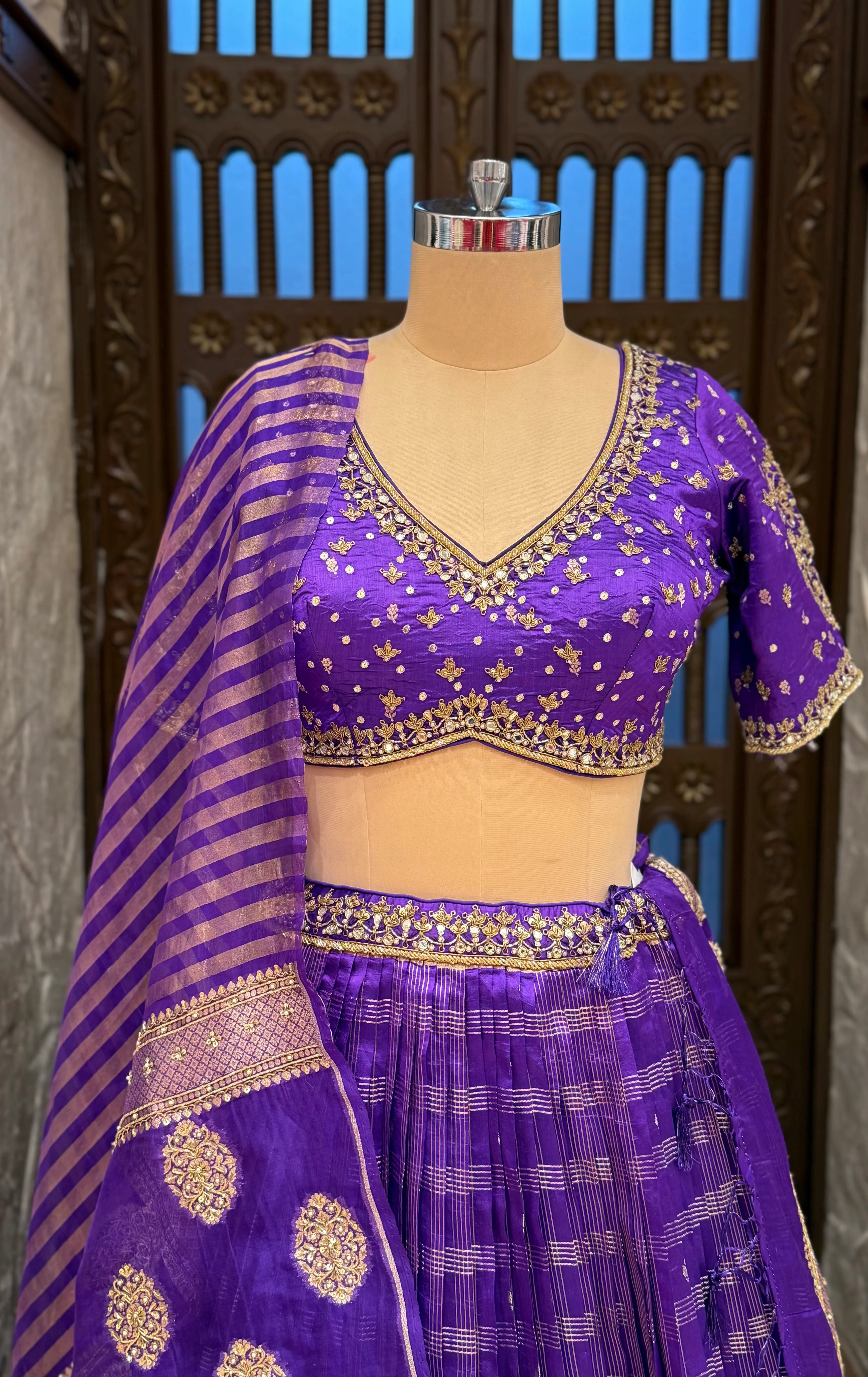 Royal Purple Banarasi Silk Lehenga Set with Embroidered Blouse & Zari Woven Dupatta - Image 2