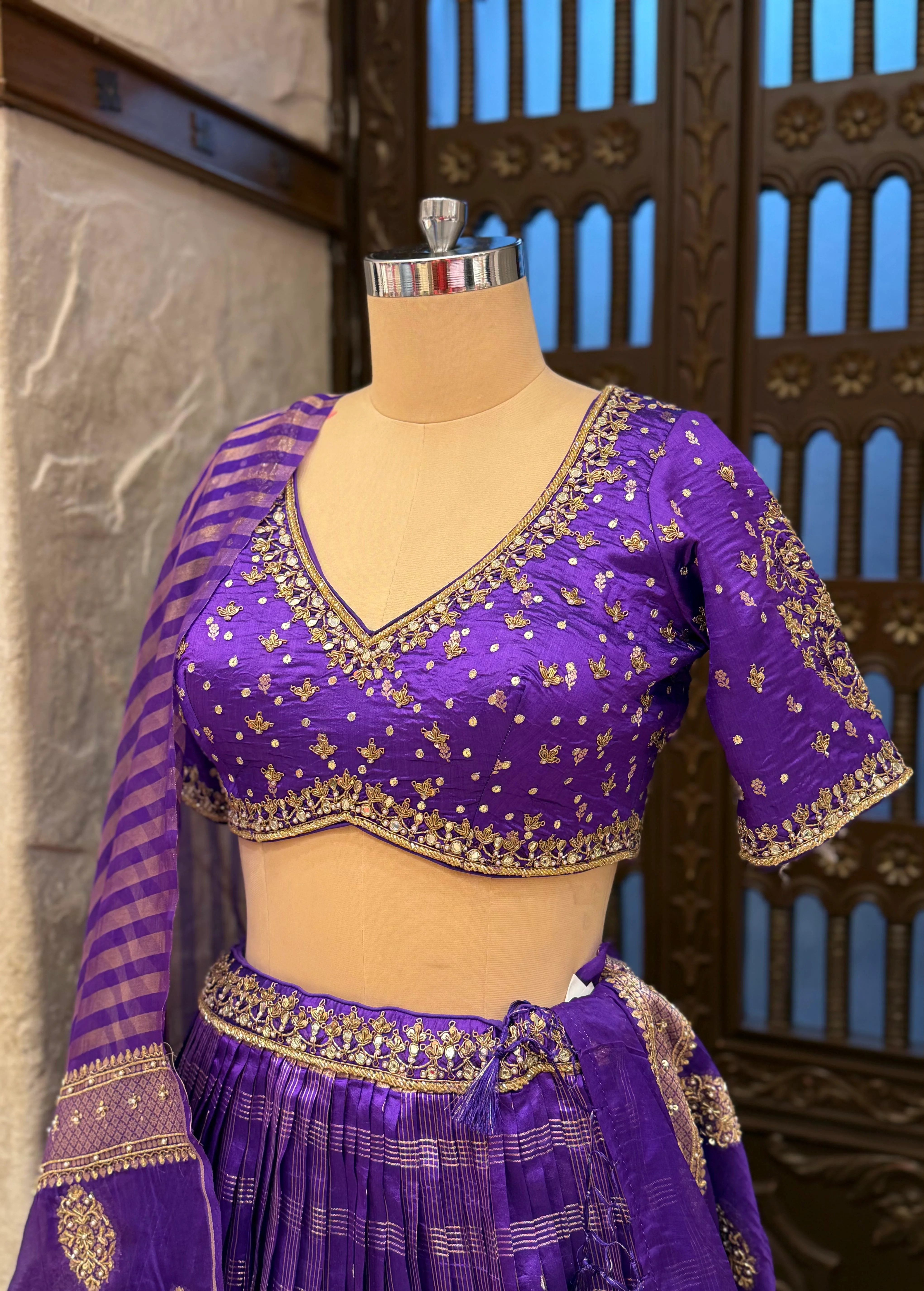 Royal Purple Banarasi Silk Lehenga Set with Embroidered Blouse & Zari Woven Dupatta - Image 3