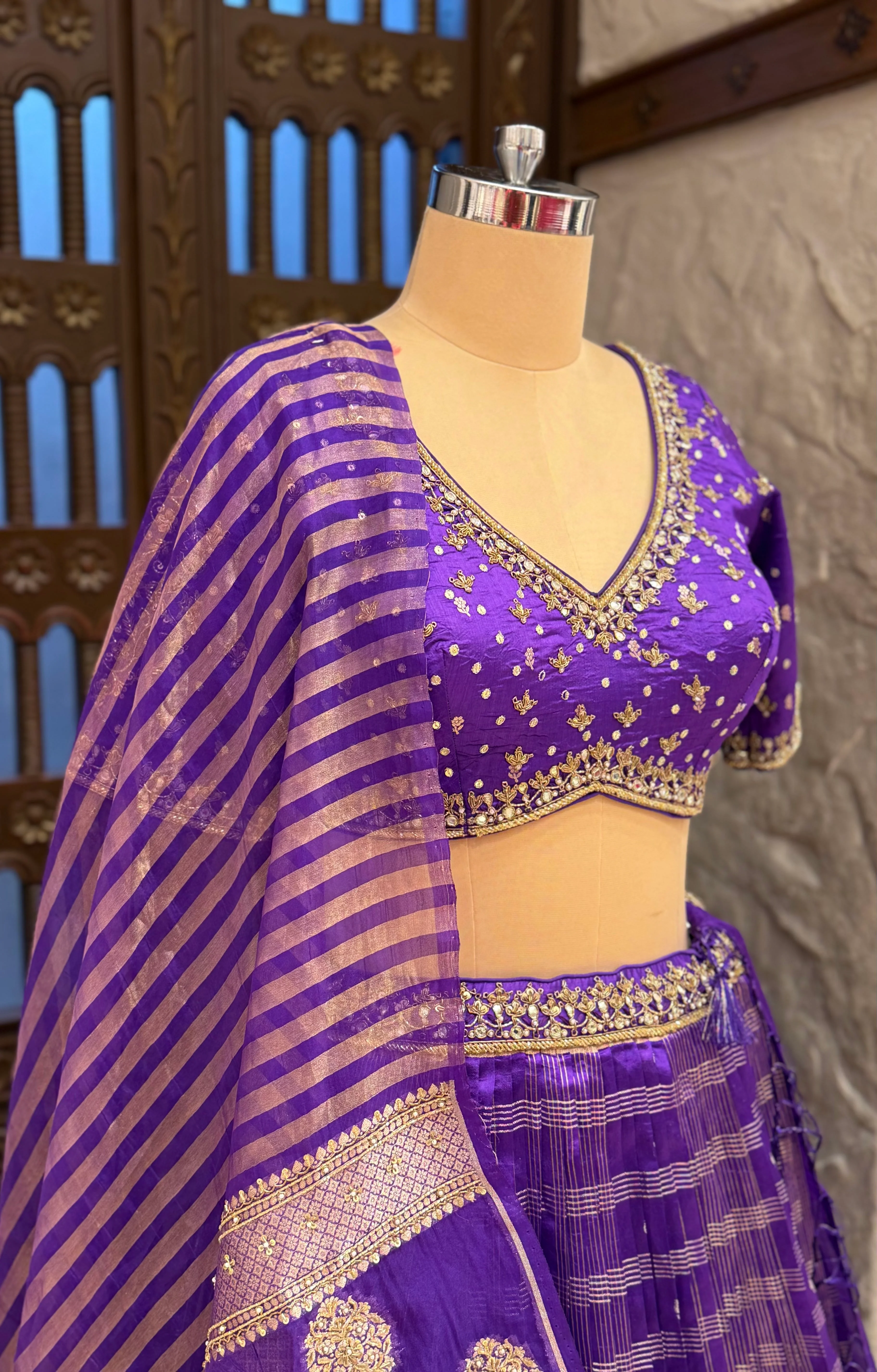 Royal Purple Banarasi Silk Lehenga Set with Embroidered Blouse & Zari Woven Dupatta - Image 4