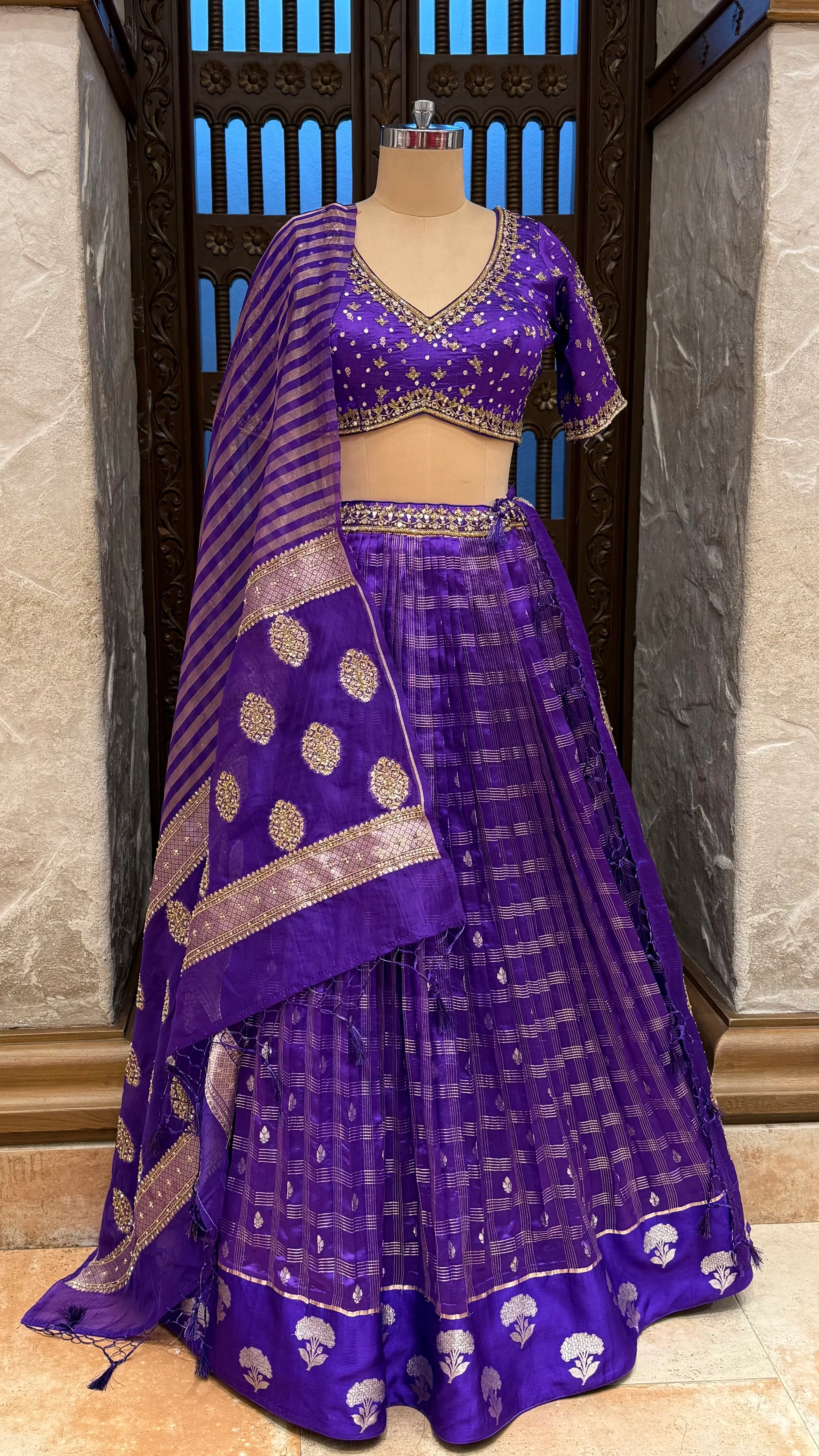 Royal Purple Banarasi Silk Lehenga Set with Embroidered Blouse & Zari Woven Dupatta - Image 5