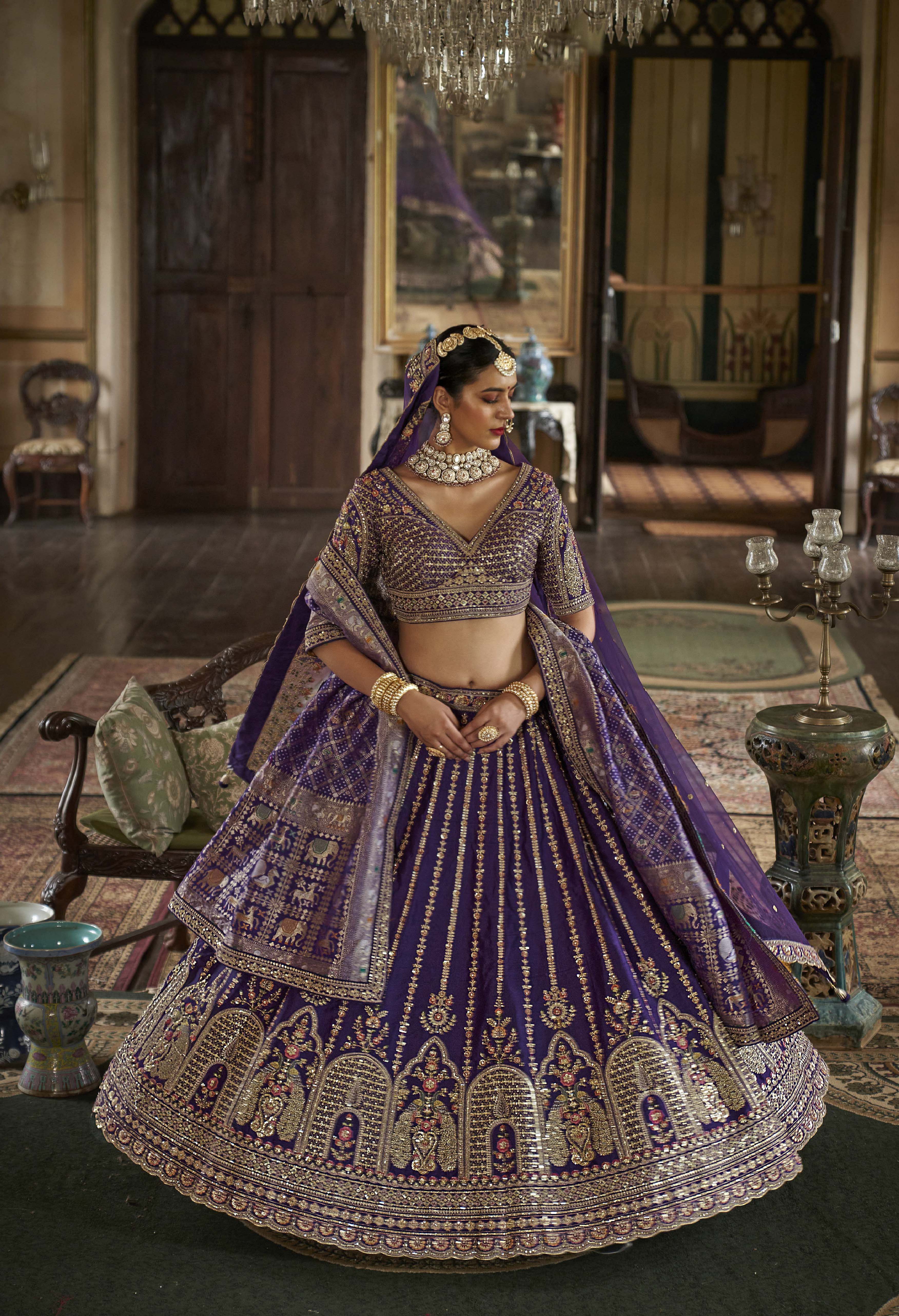 Royal Purple Bridal Lehenga with Double Dupatta & Zari-Resham Embroidery - Image 3