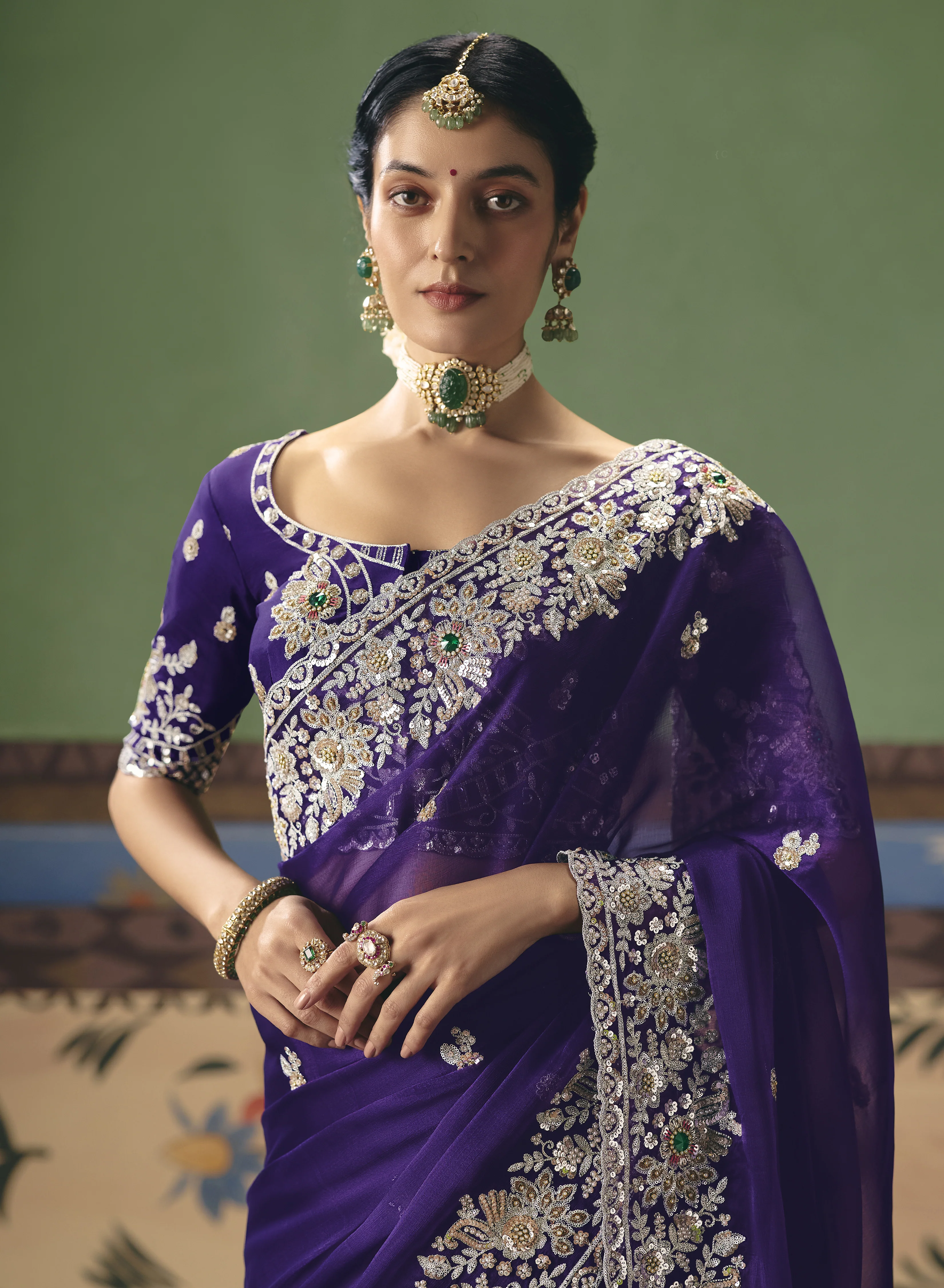 Royal Purple Designer Embroidered Saree with Blouse - Image 2
