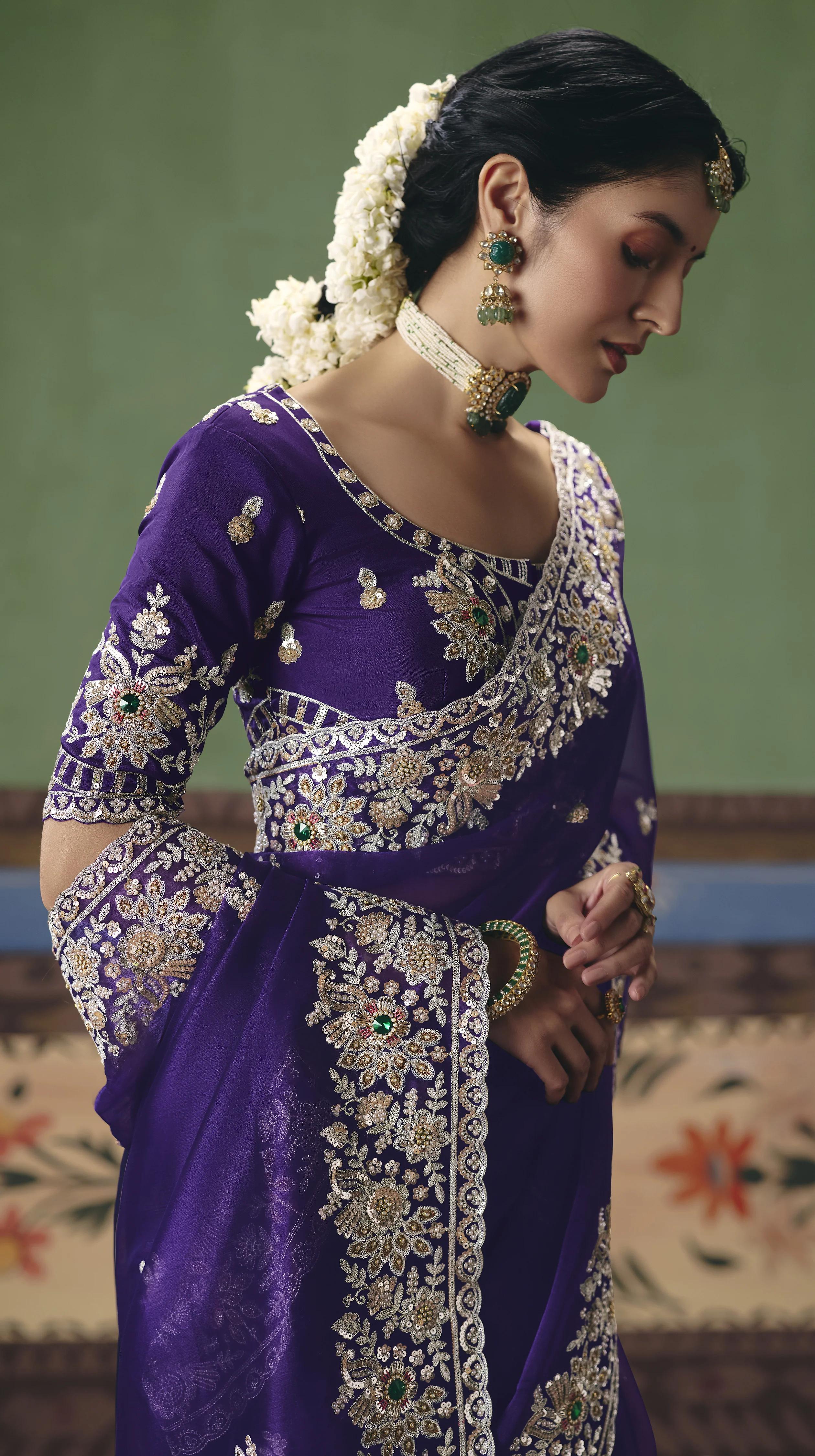 Royal Purple Designer Embroidered Saree with Blouse - Image 3
