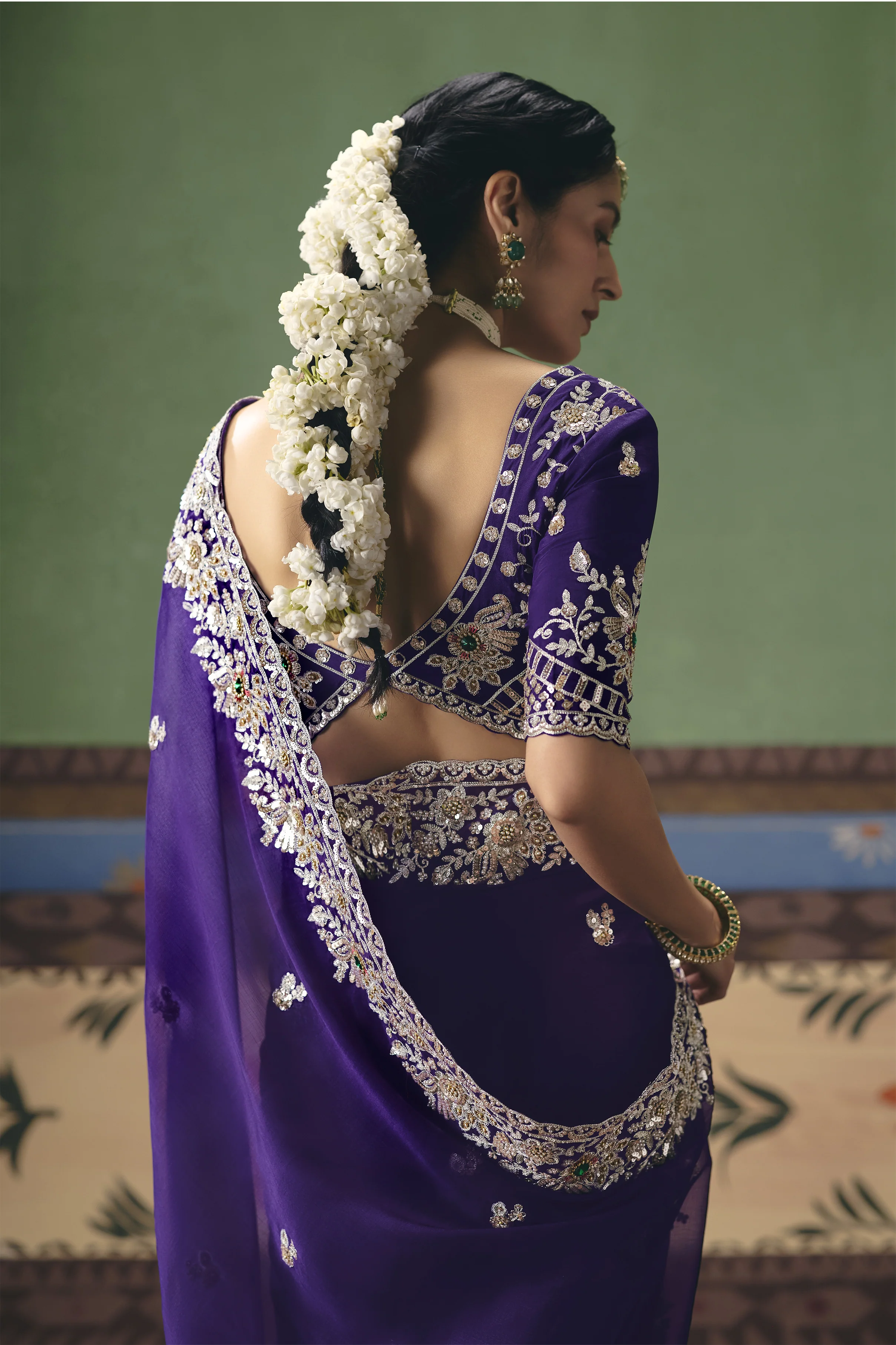 Royal Purple Designer Embroidered Saree with Blouse - Image 4