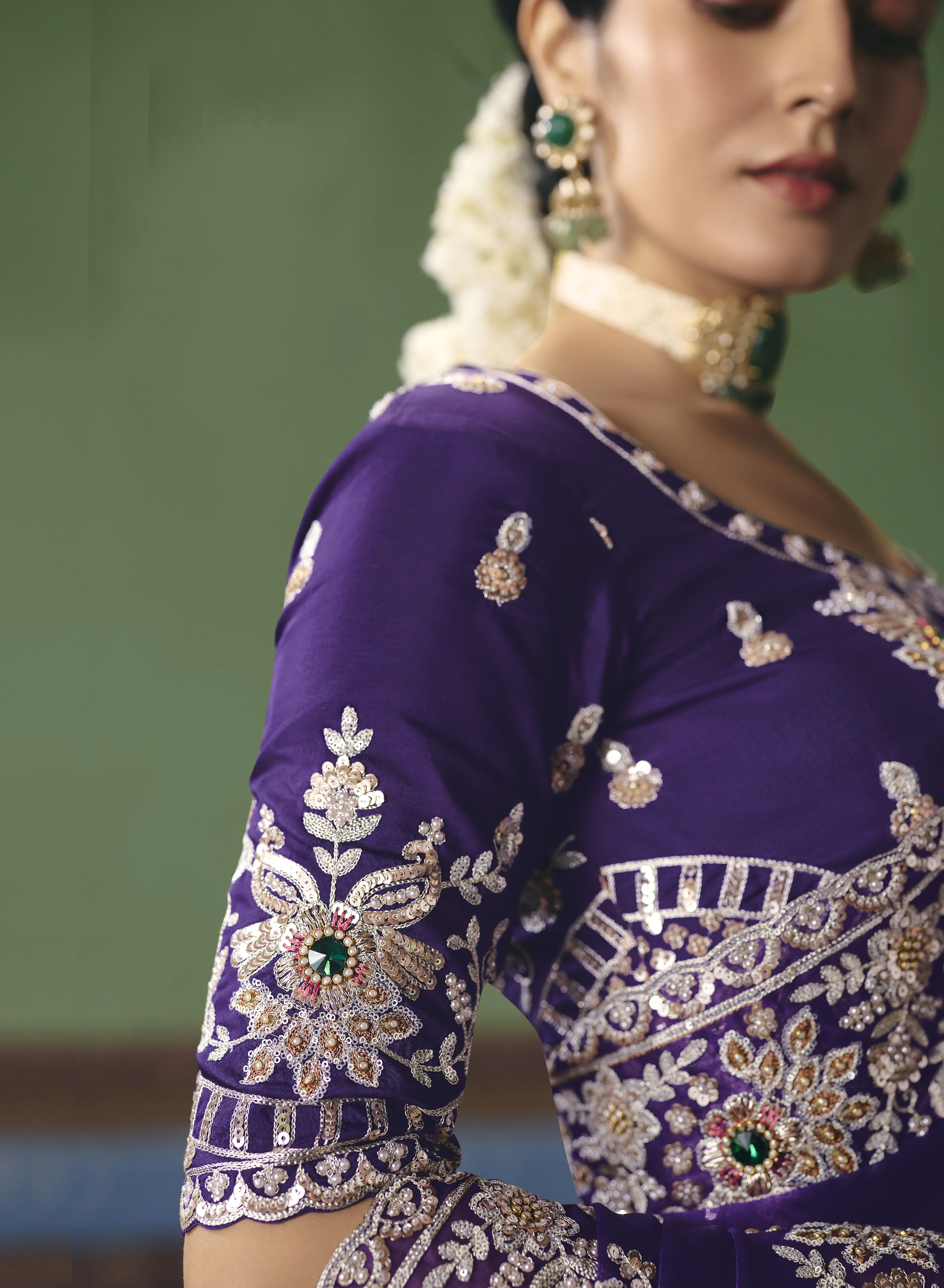 Royal Purple Designer Embroidered Saree with Blouse - Image 5