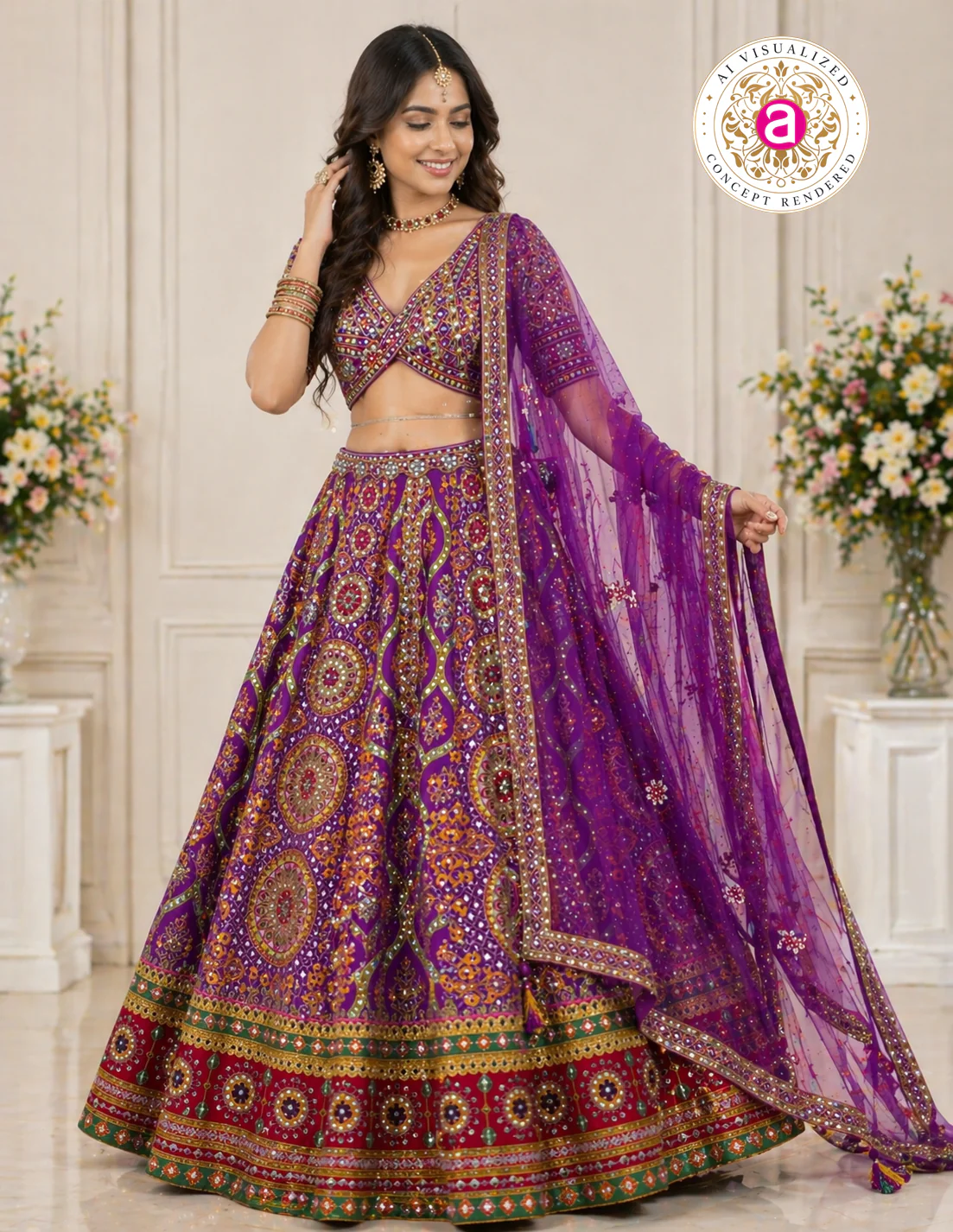 Royal Purple Designer Lehenga Set with Embellished Blouse and Net Dupatta - Image 2