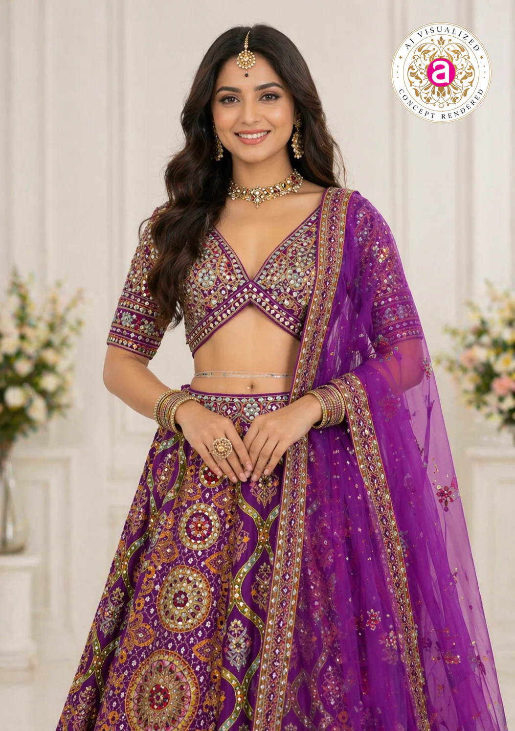Royal Purple Designer Lehenga Set with Embellished Blouse and Net Dupatta - Image 3