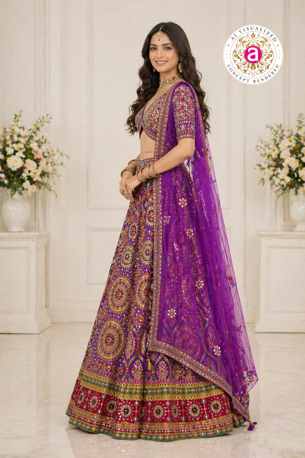 Royal Purple Designer Lehenga Set with Embellished Blouse and Net Dupatta - Image 4
