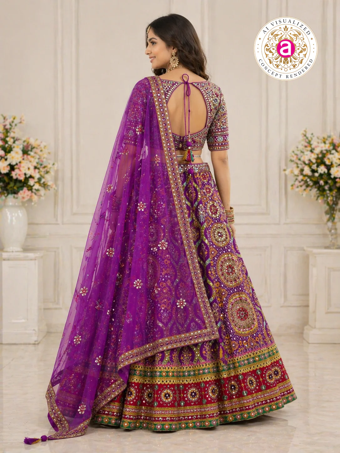 Royal Purple Designer Lehenga Set with Embellished Blouse and Net Dupatta - Image 5