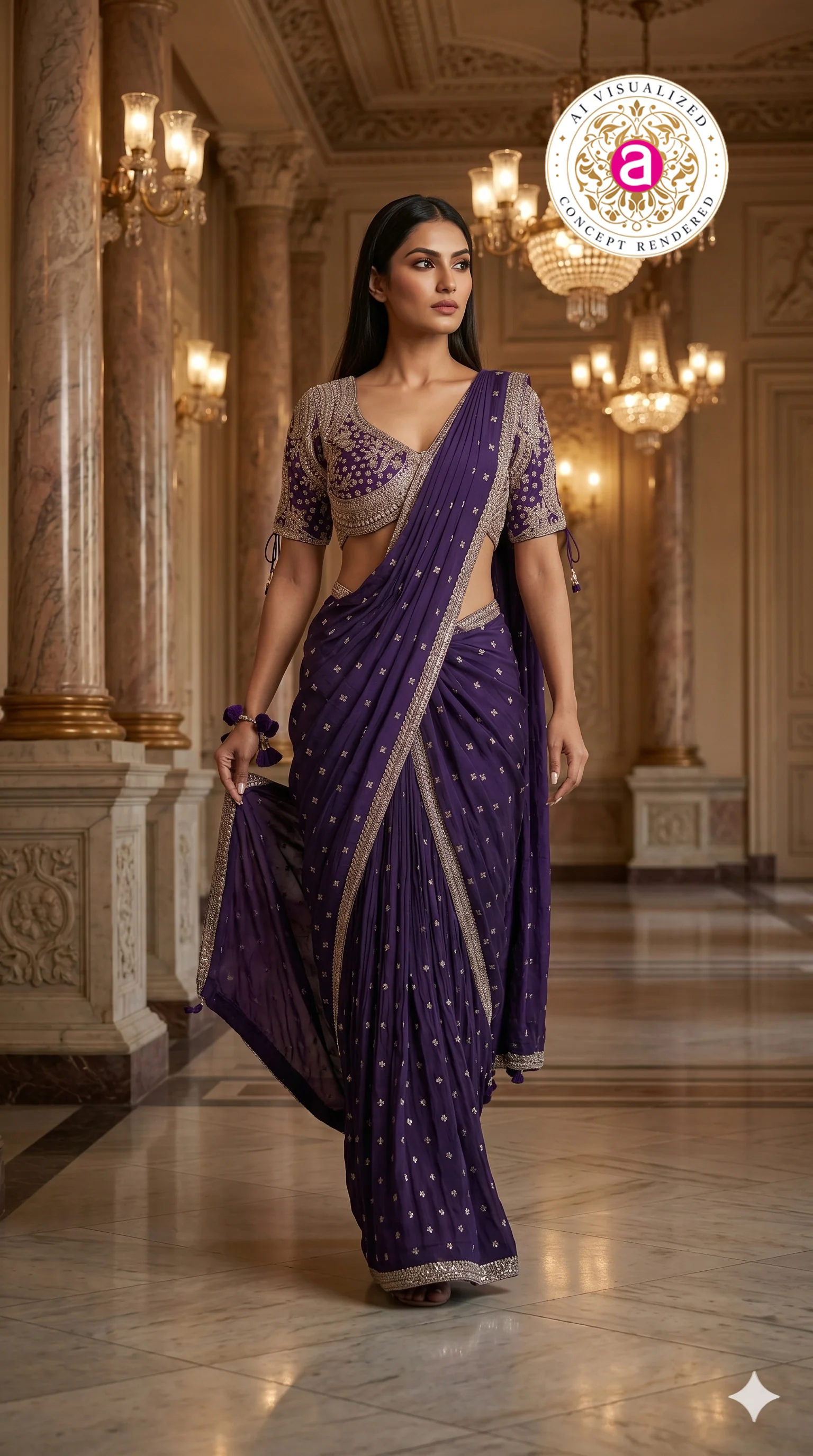 Royal Purple Designer Saree with Embroidered Blouse & Tassel Detailing - Image 4