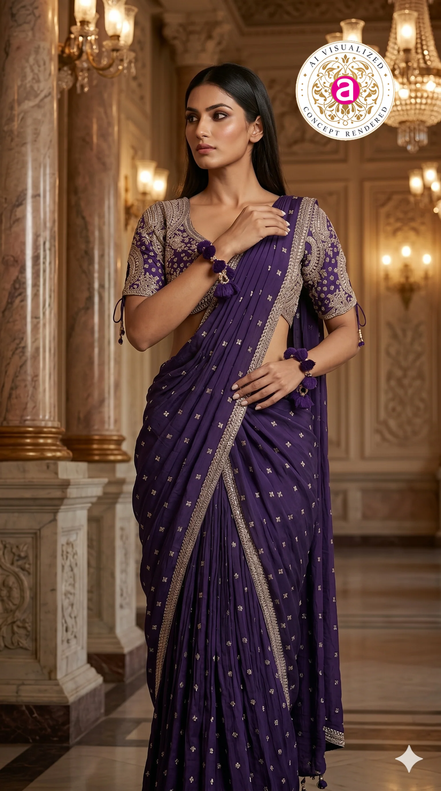 Royal Purple Designer Saree with Embroidered Blouse & Tassel Detailing - Image 6