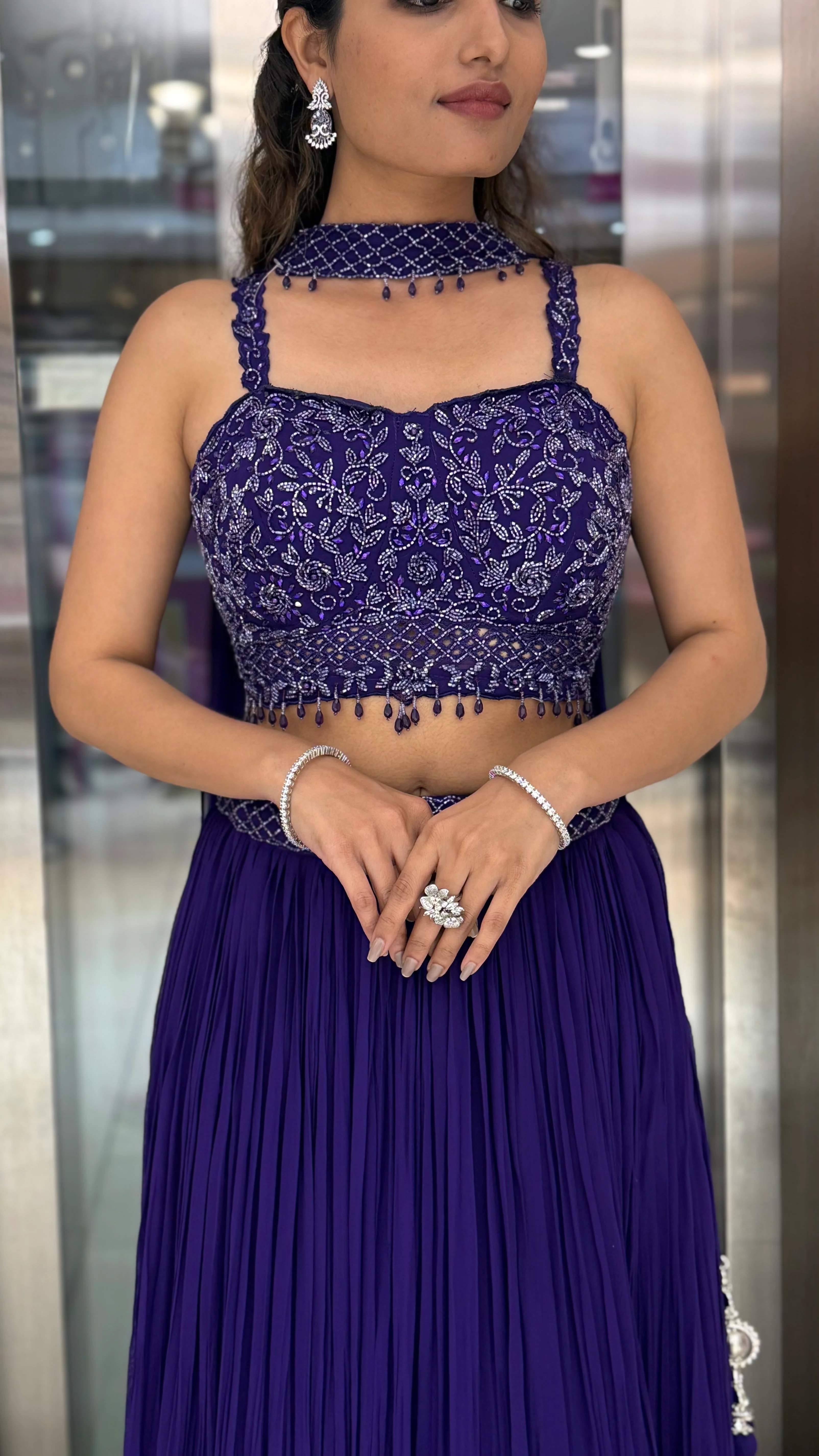 Royal Purple Embroidered Designer Lehenga Set with Pleated Skirt & Stylish Choker Blouse - Image 2