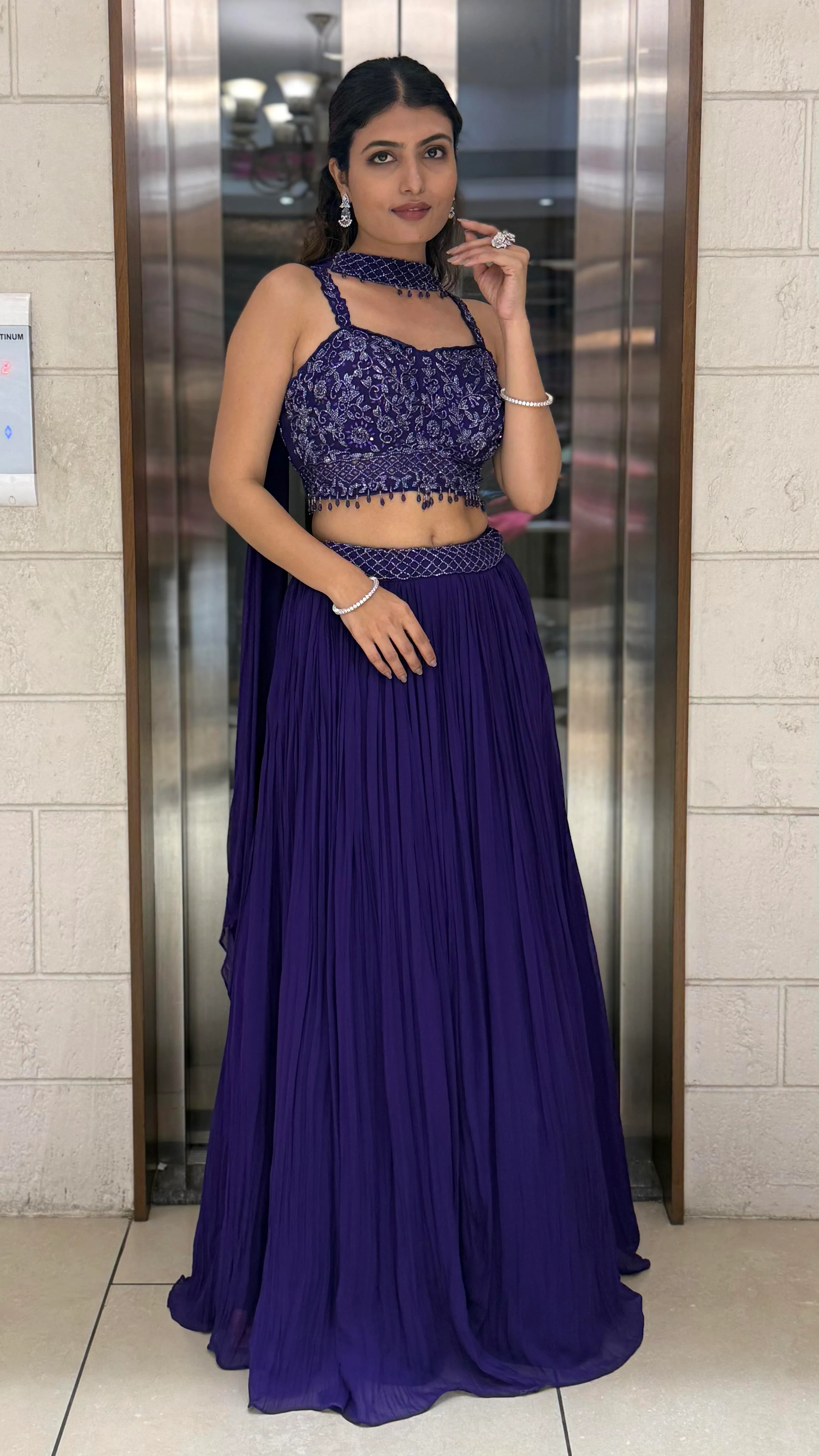 Royal Purple Embroidered Designer Lehenga Set with Pleated Skirt & Stylish Choker Blouse - Image 3