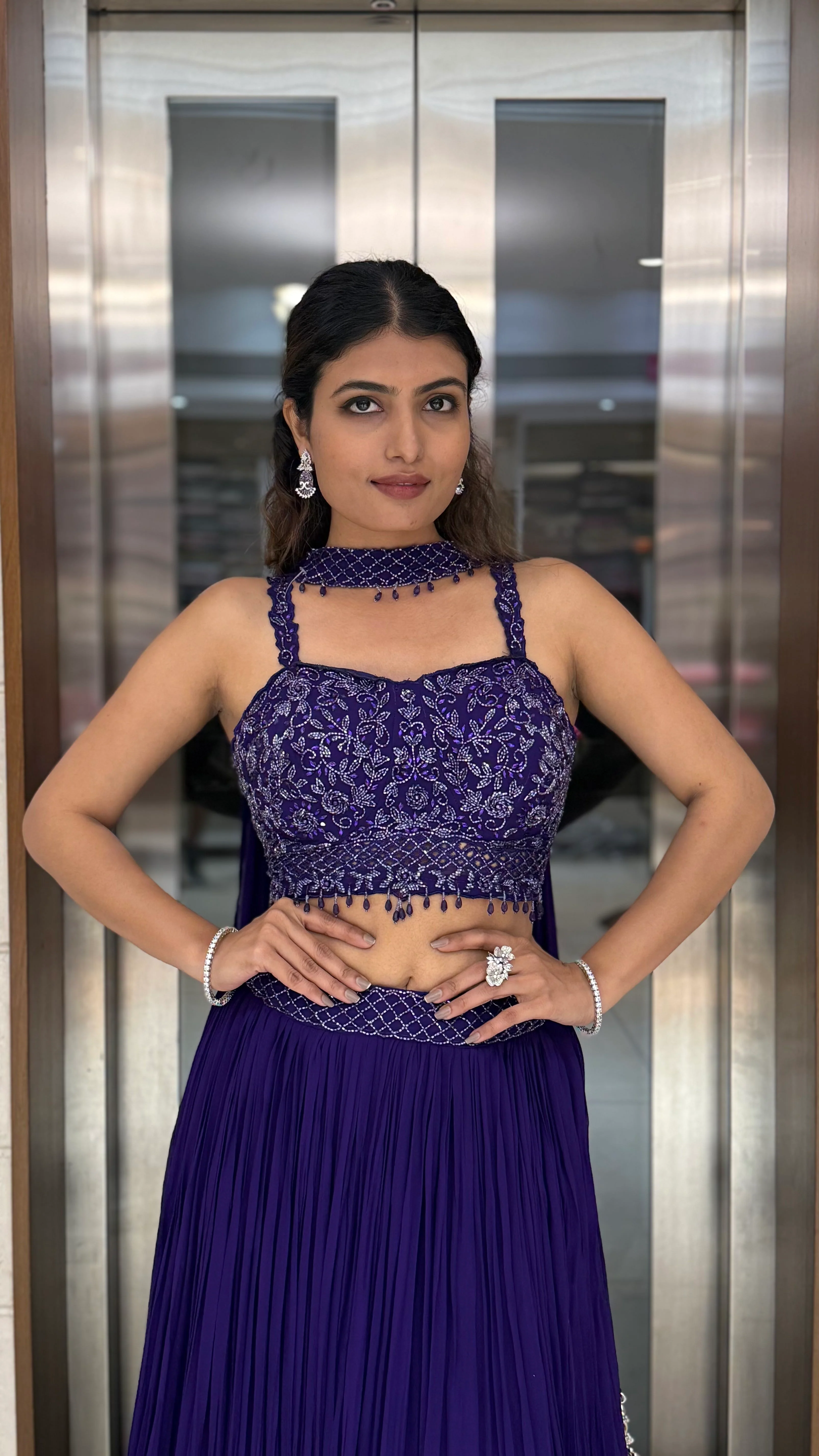 Royal Purple Embroidered Designer Lehenga Set with Pleated Skirt & Stylish Choker Blouse - Image 4