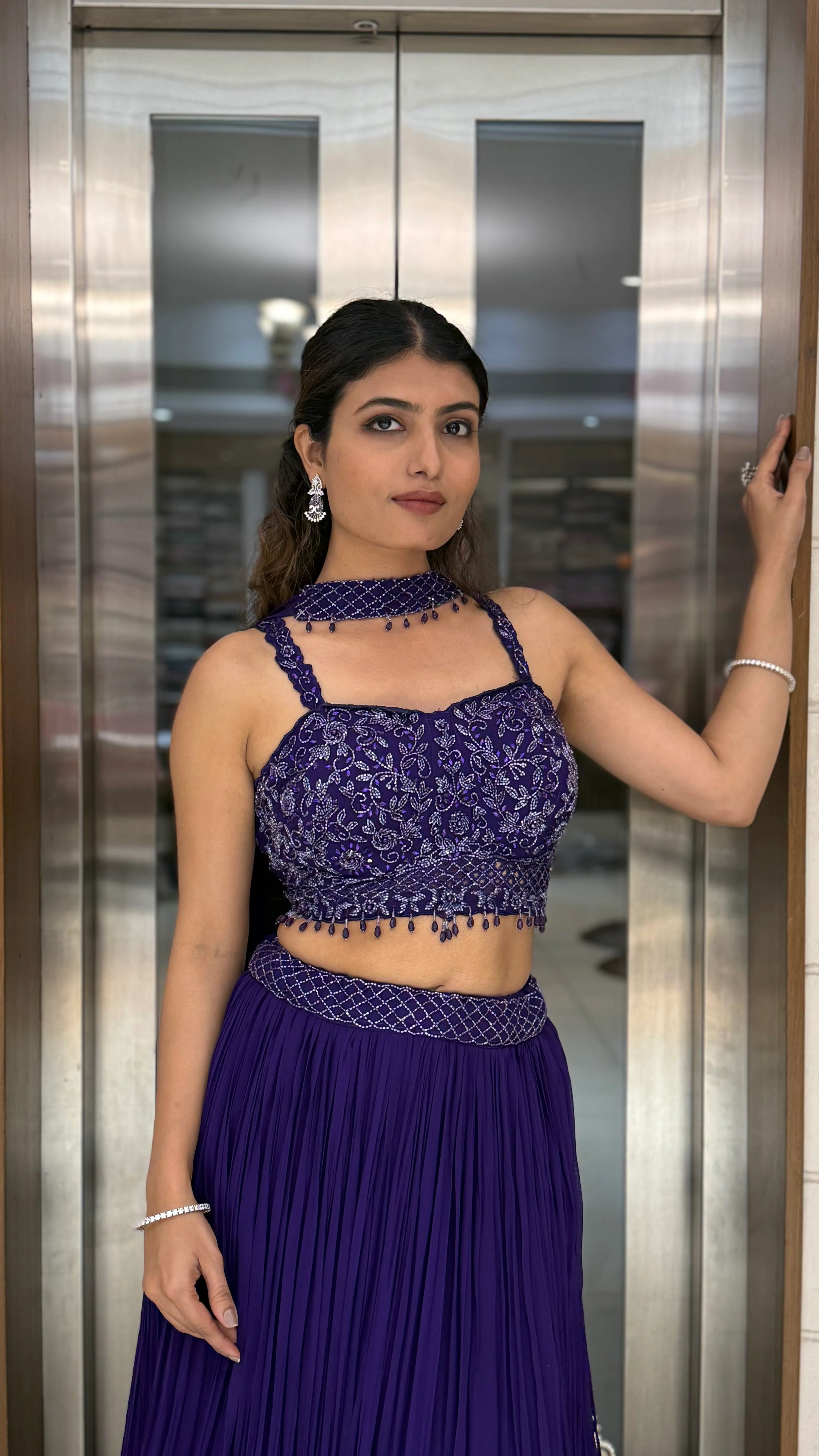 Royal Purple Embroidered Designer Lehenga Set with Pleated Skirt & Stylish Choker Blouse - Image 5