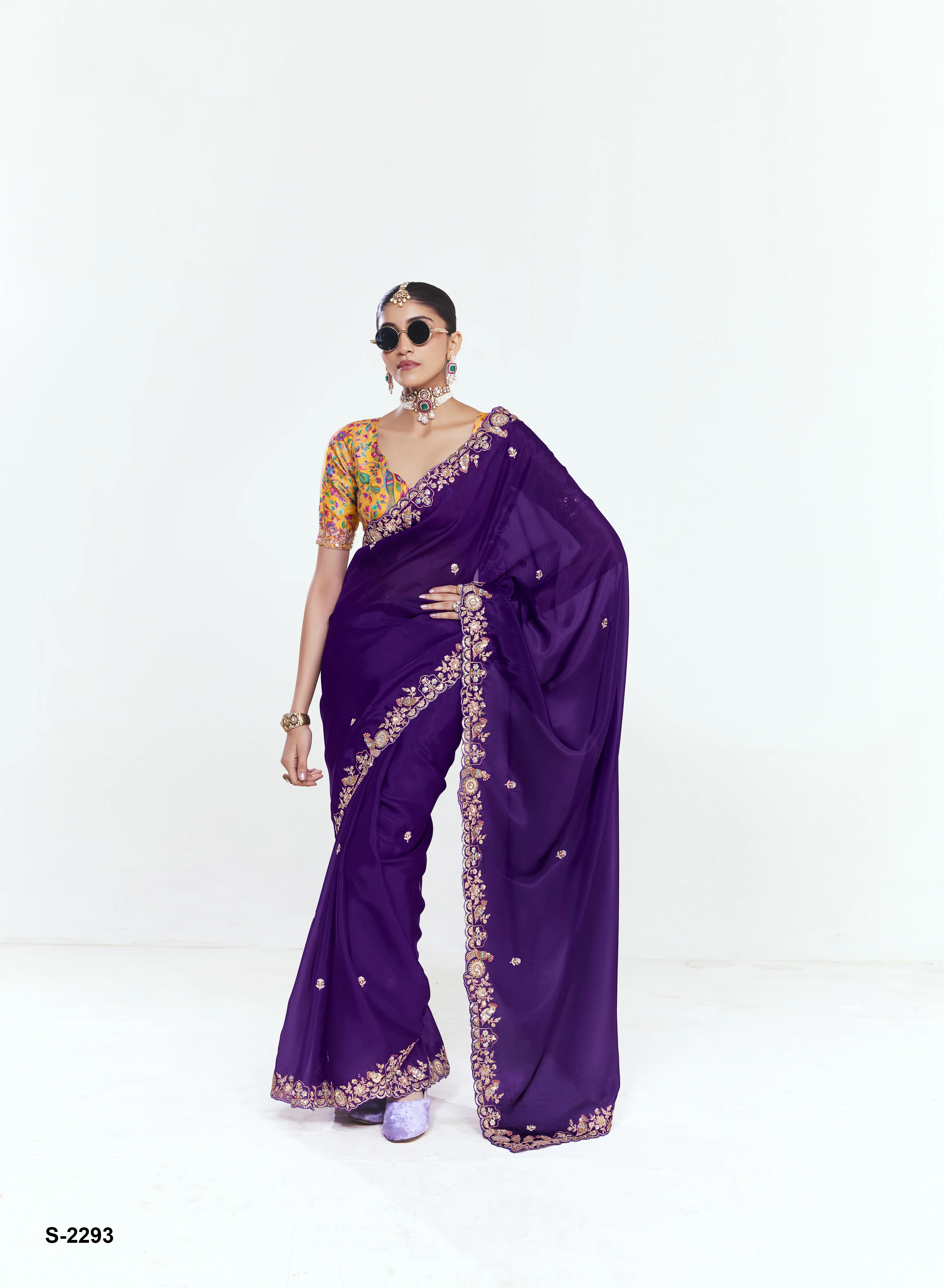 Royal Purple Georgette Saree with Heavy Embroidered Border - Image 4