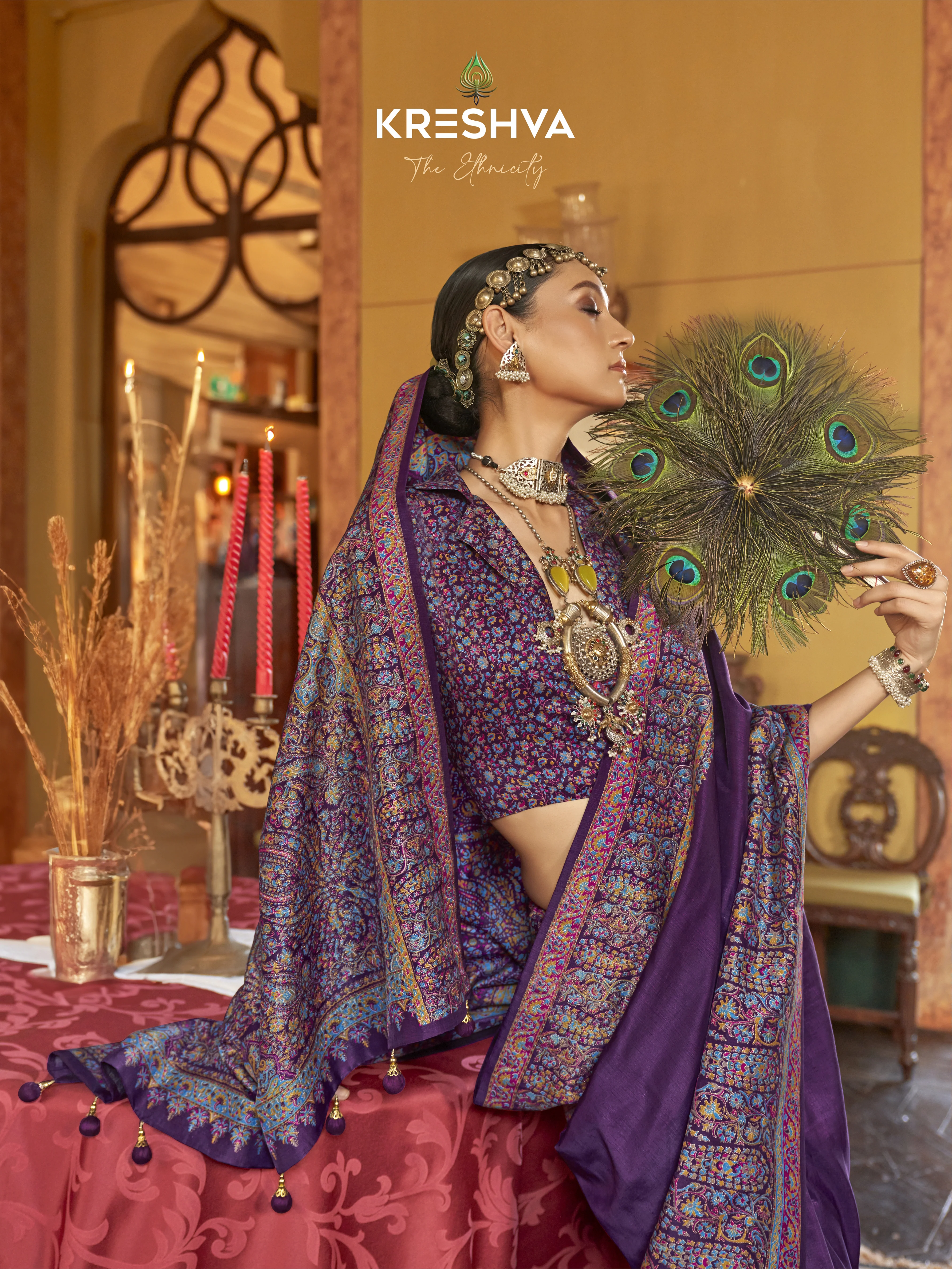 Royal Purple Heritage Pashmina Inspired Designer Saree with Multicolour Traditional Border - Image 2