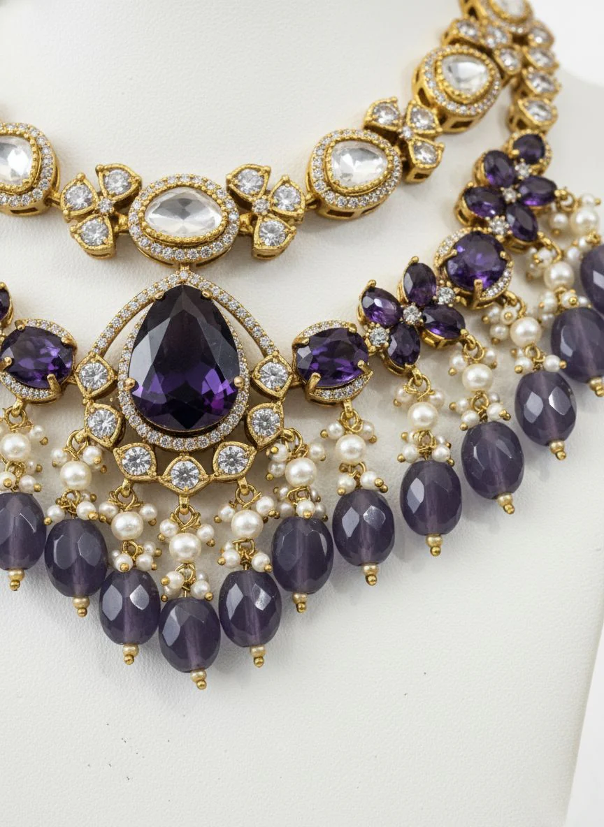 Royal Purple & Kundan Layered Necklace Set with Matching Chandbali Earrings - Image 3