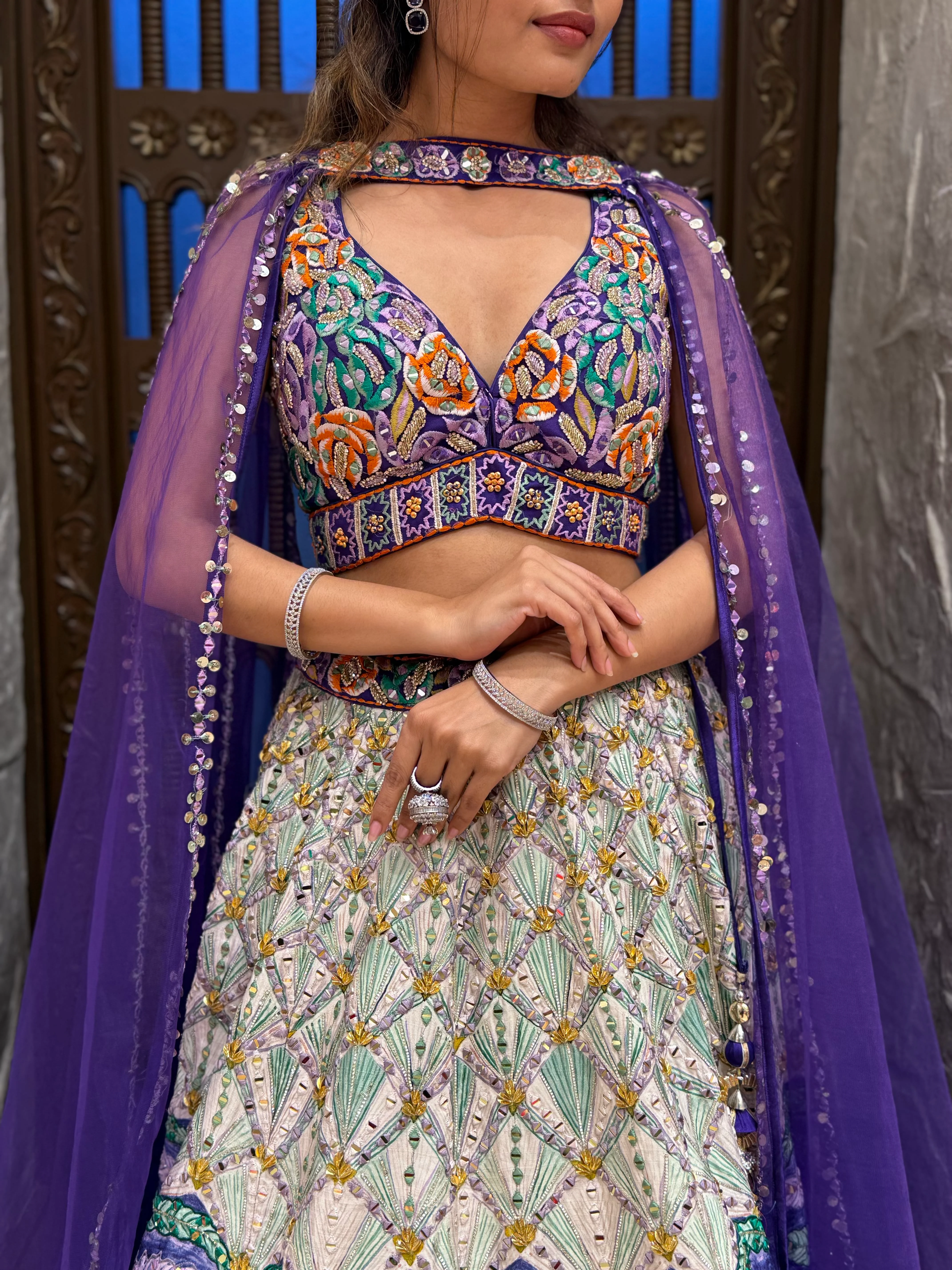 Royal Purple Multicolor Hand-Embroidered Lehenga Set with Cape Dupatta - Image 2