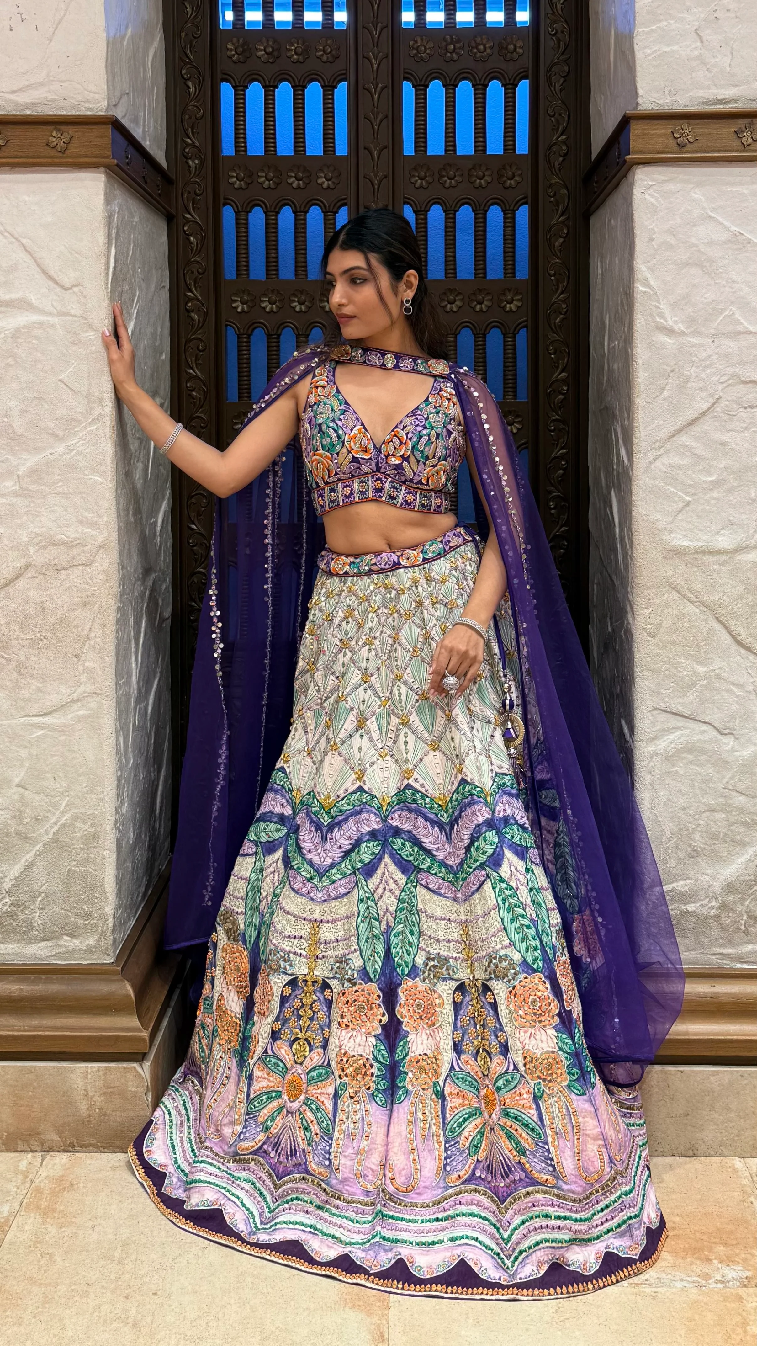 Royal Purple Multicolor Hand-Embroidered Lehenga Set with Cape Dupatta - Image 3