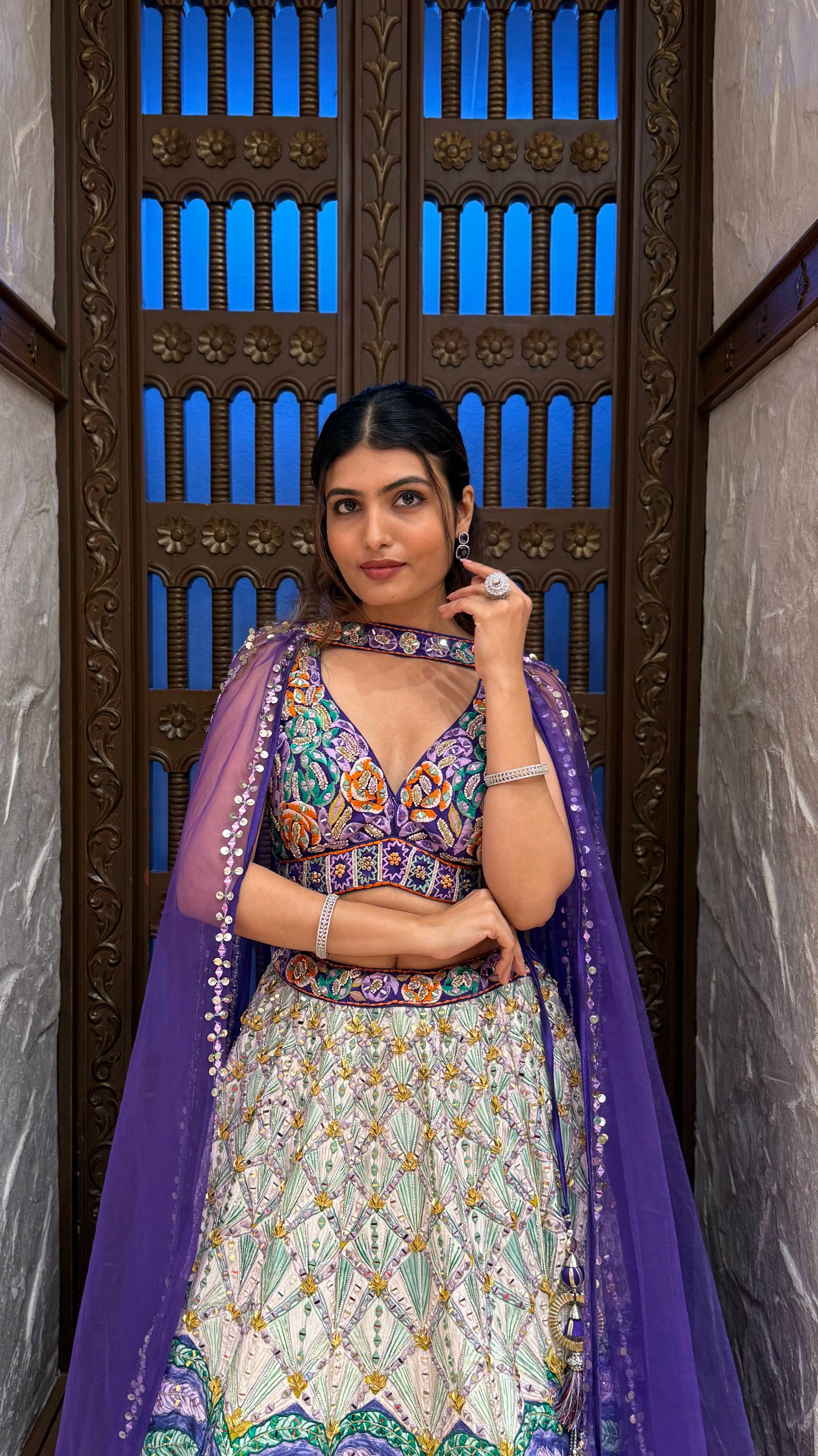 Royal Purple Multicolor Hand-Embroidered Lehenga Set with Cape Dupatta - Image 4