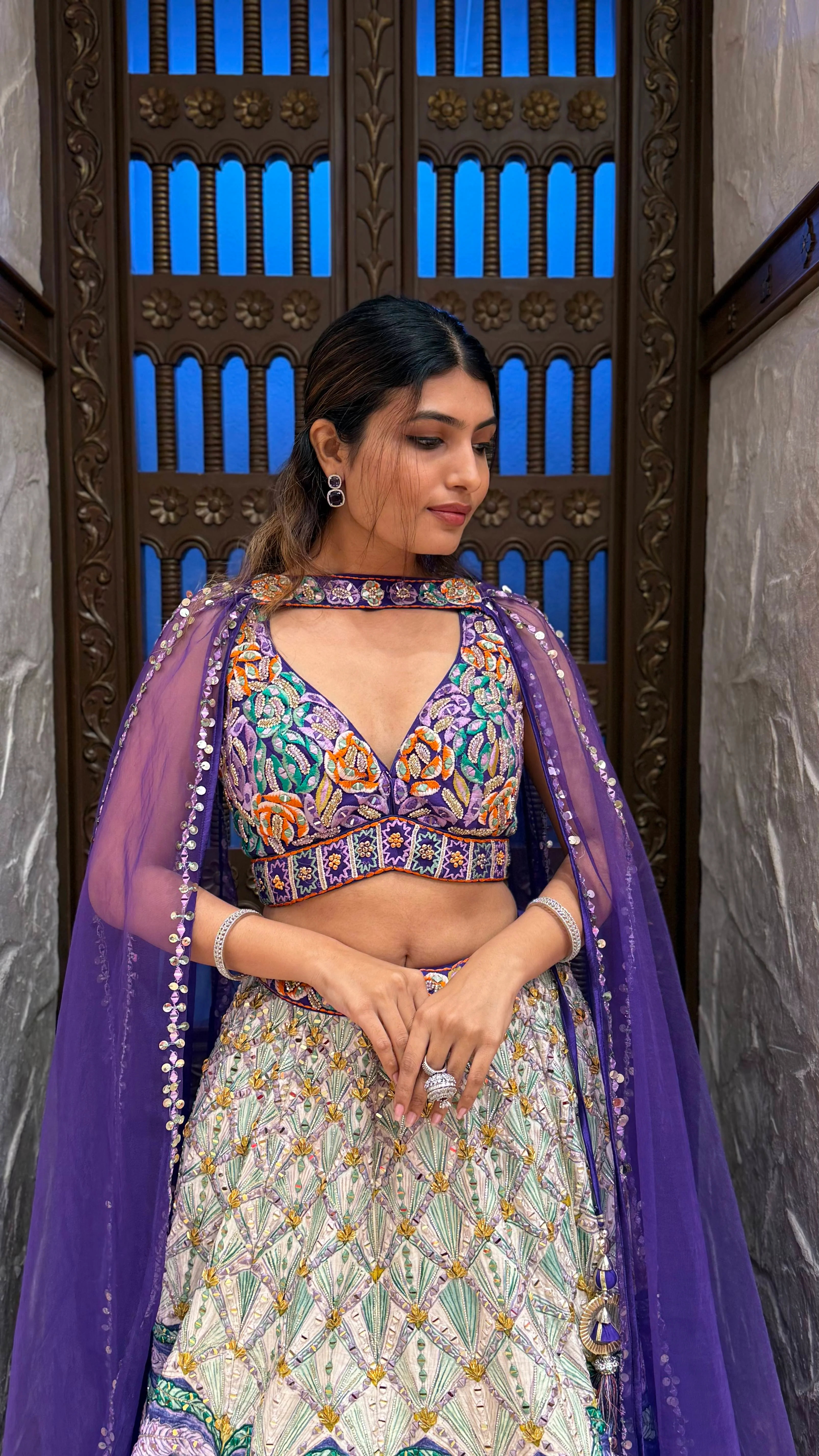 Royal Purple Multicolor Hand-Embroidered Lehenga Set with Cape Dupatta - Image 5