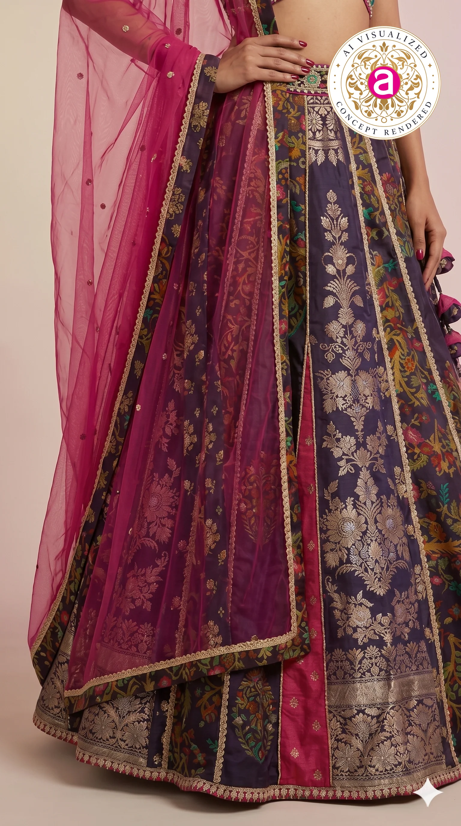 Royal Purple Multicolour Panelled Designer Lehenga Choli with Embroidered Blouse - Image 3