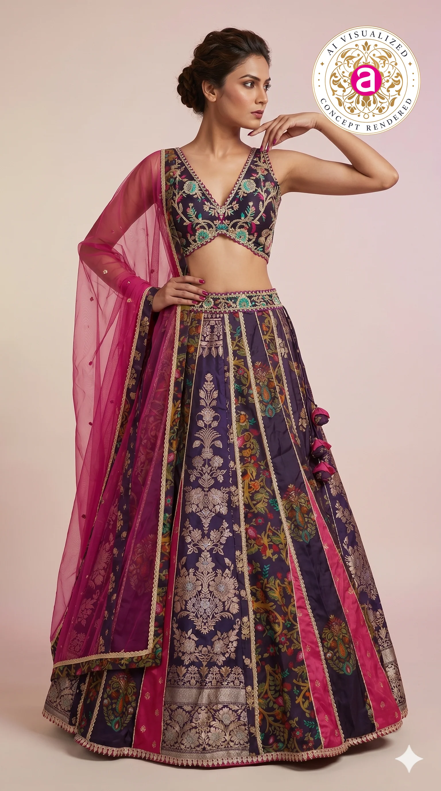 Royal Purple Multicolour Panelled Designer Lehenga Choli with Embroidered Blouse - Image 4