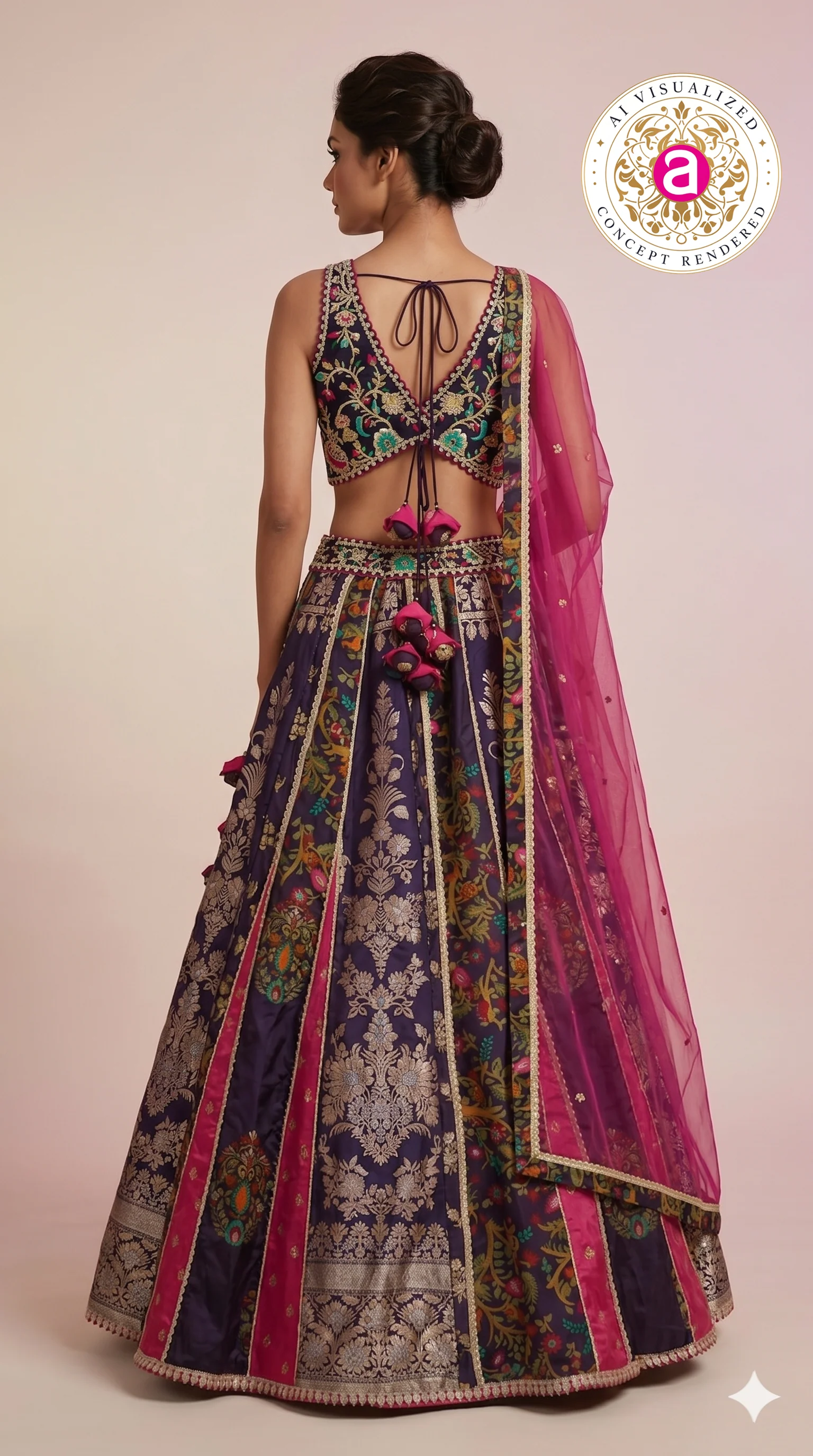 Royal Purple Multicolour Panelled Designer Lehenga Choli with Embroidered Blouse - Image 5