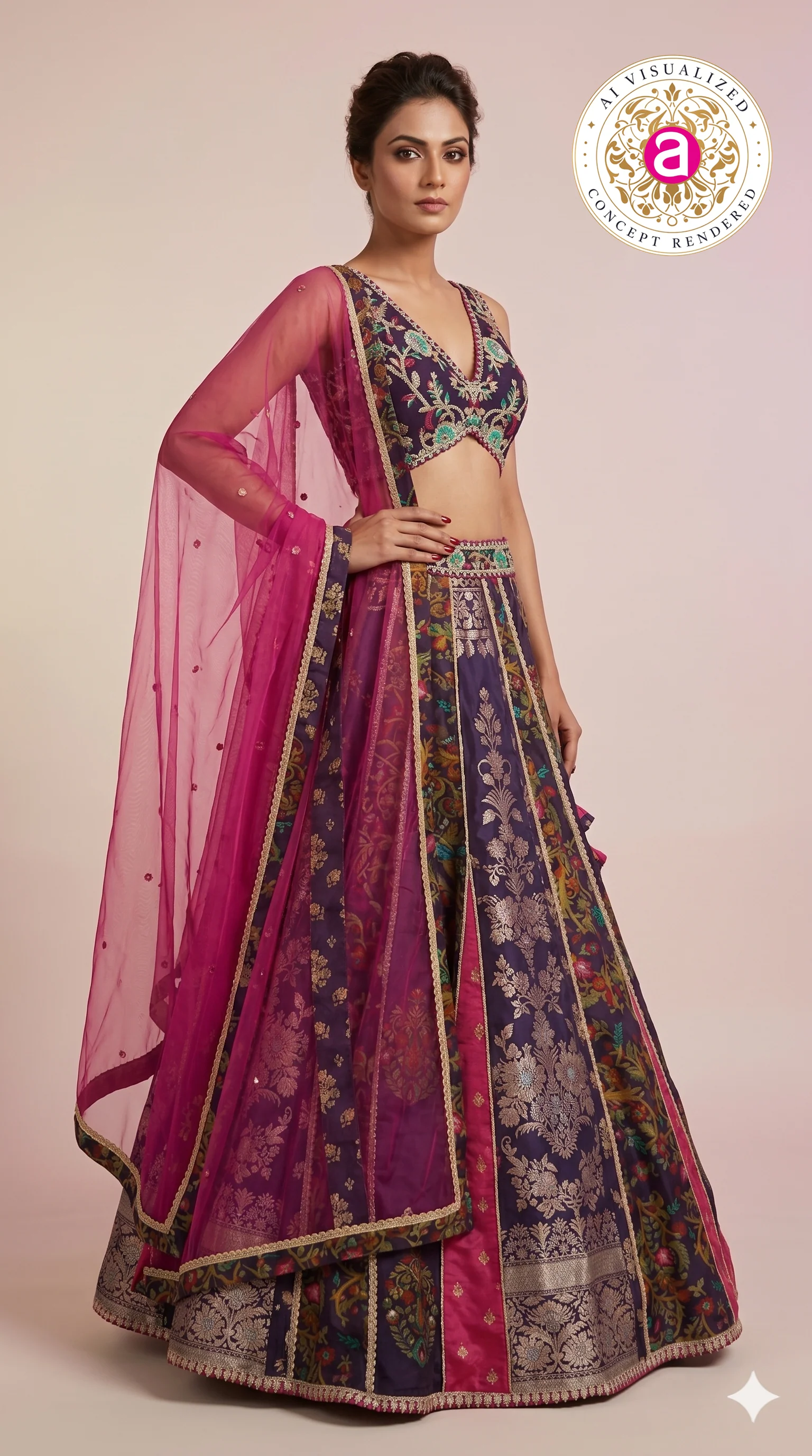 Royal Purple Multicolour Panelled Designer Lehenga Choli with Embroidered Blouse - Image 6