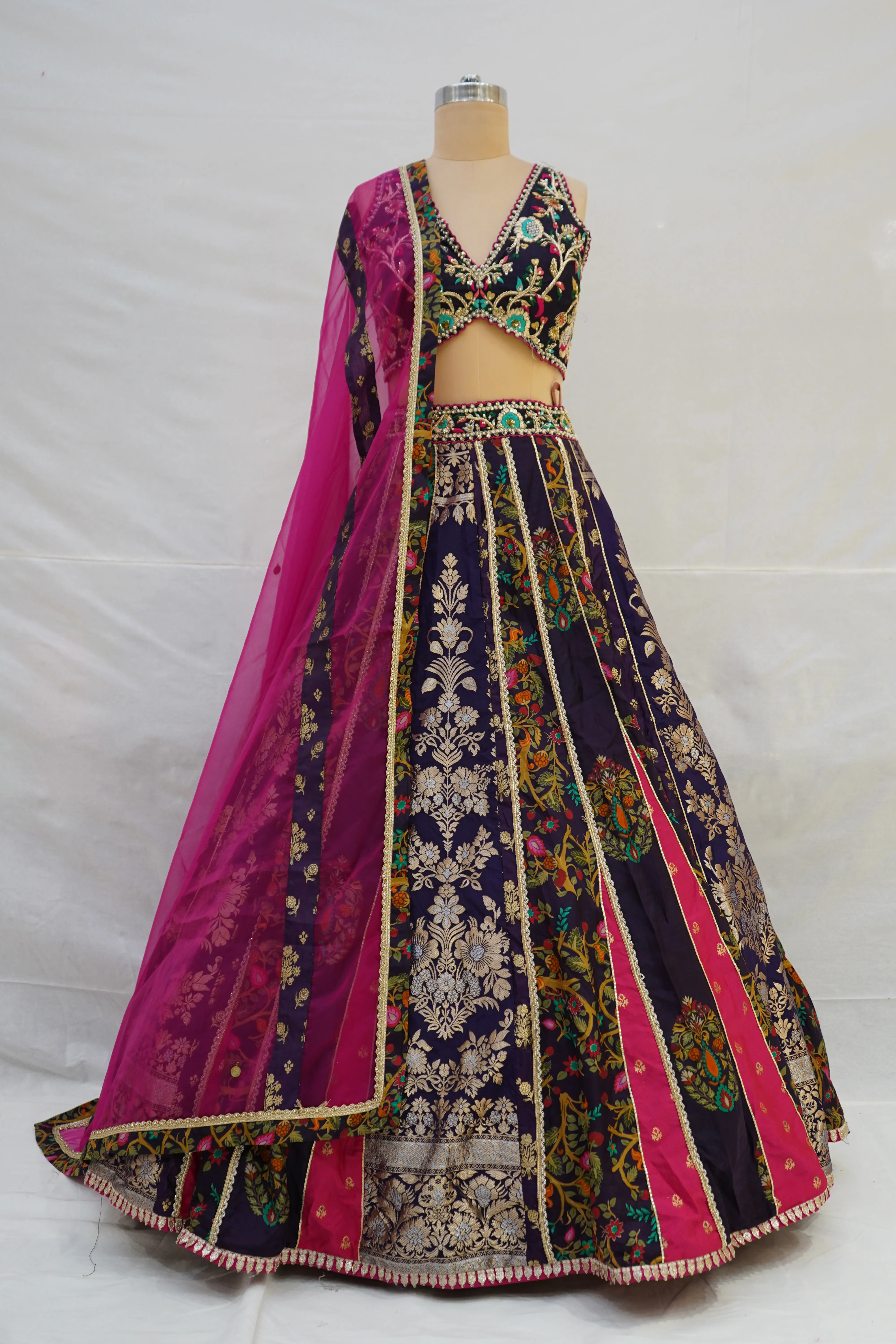 Royal Purple Multicolour Panelled Designer Lehenga Choli with Embroidered Blouse - Image 7