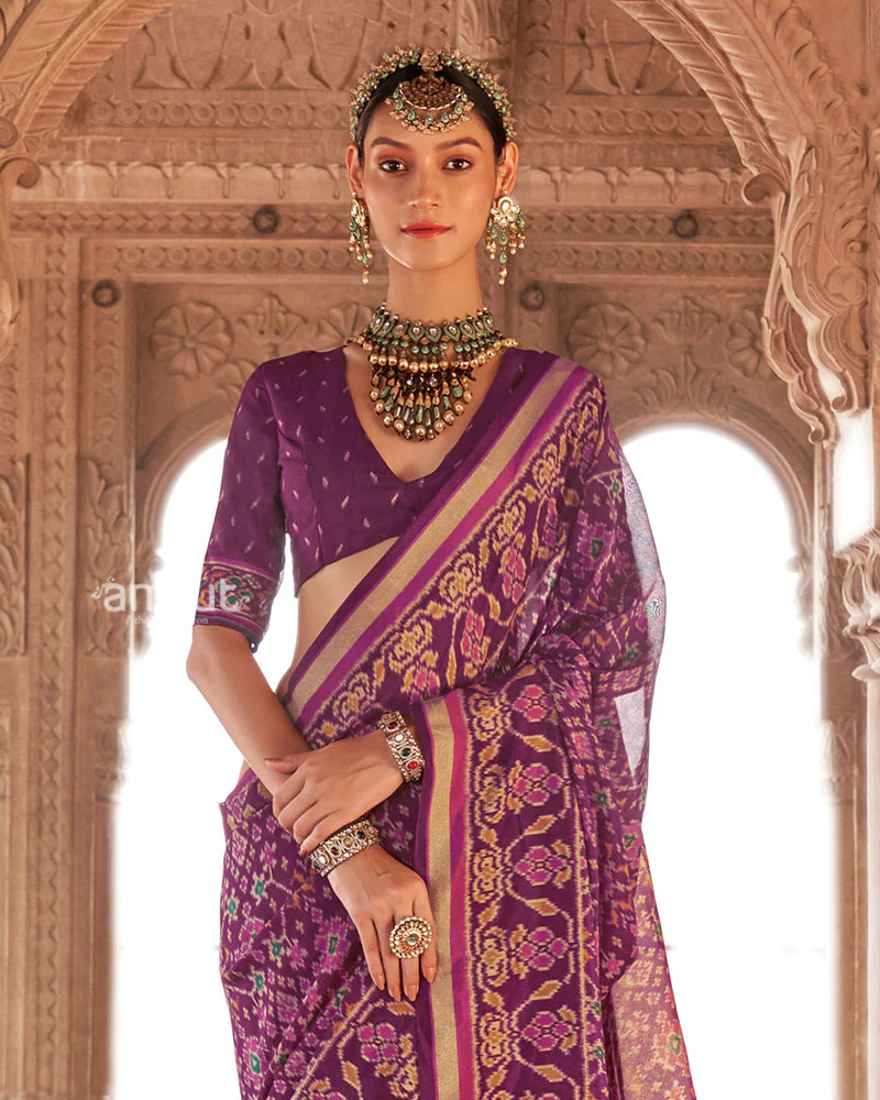 Royal Purple Patola Printed Saree with Golden Zari Border and Unstitched Blouse - Image 2