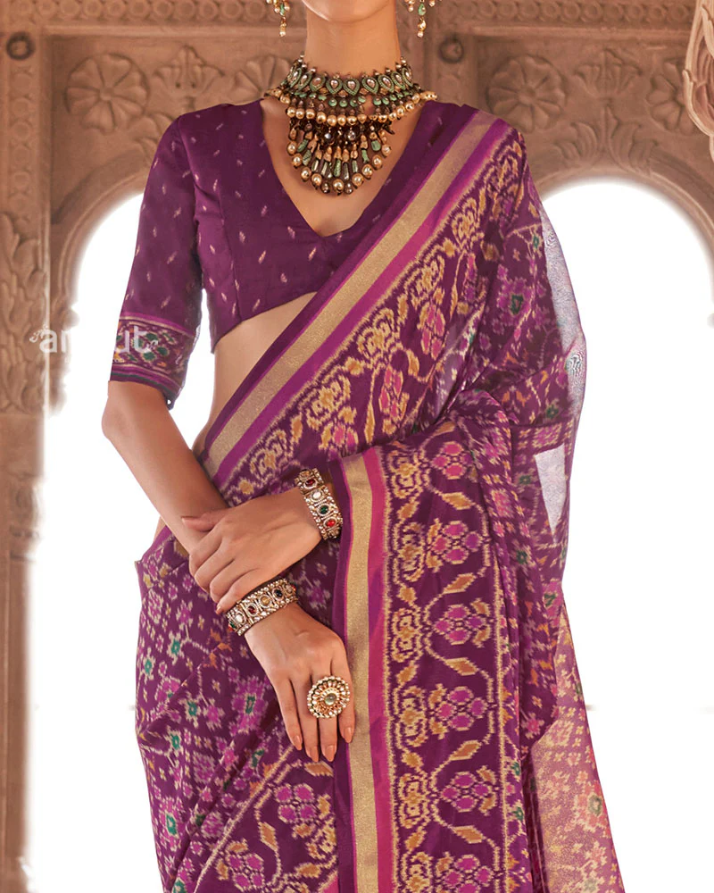 Royal Purple Patola Printed Saree with Golden Zari Border and Unstitched Blouse - Image 3