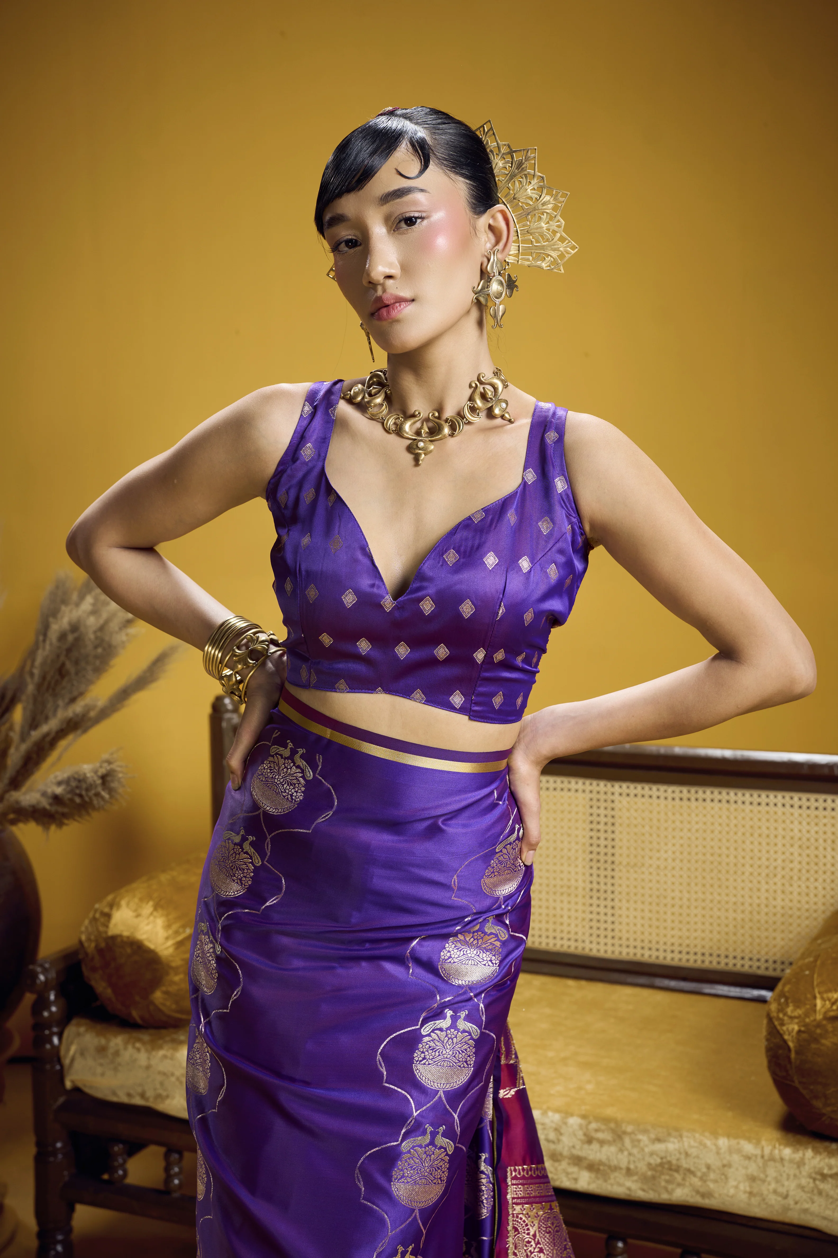 Royal Purple Satin Handloom Saree with Gold Woven Pallu - Image 2
