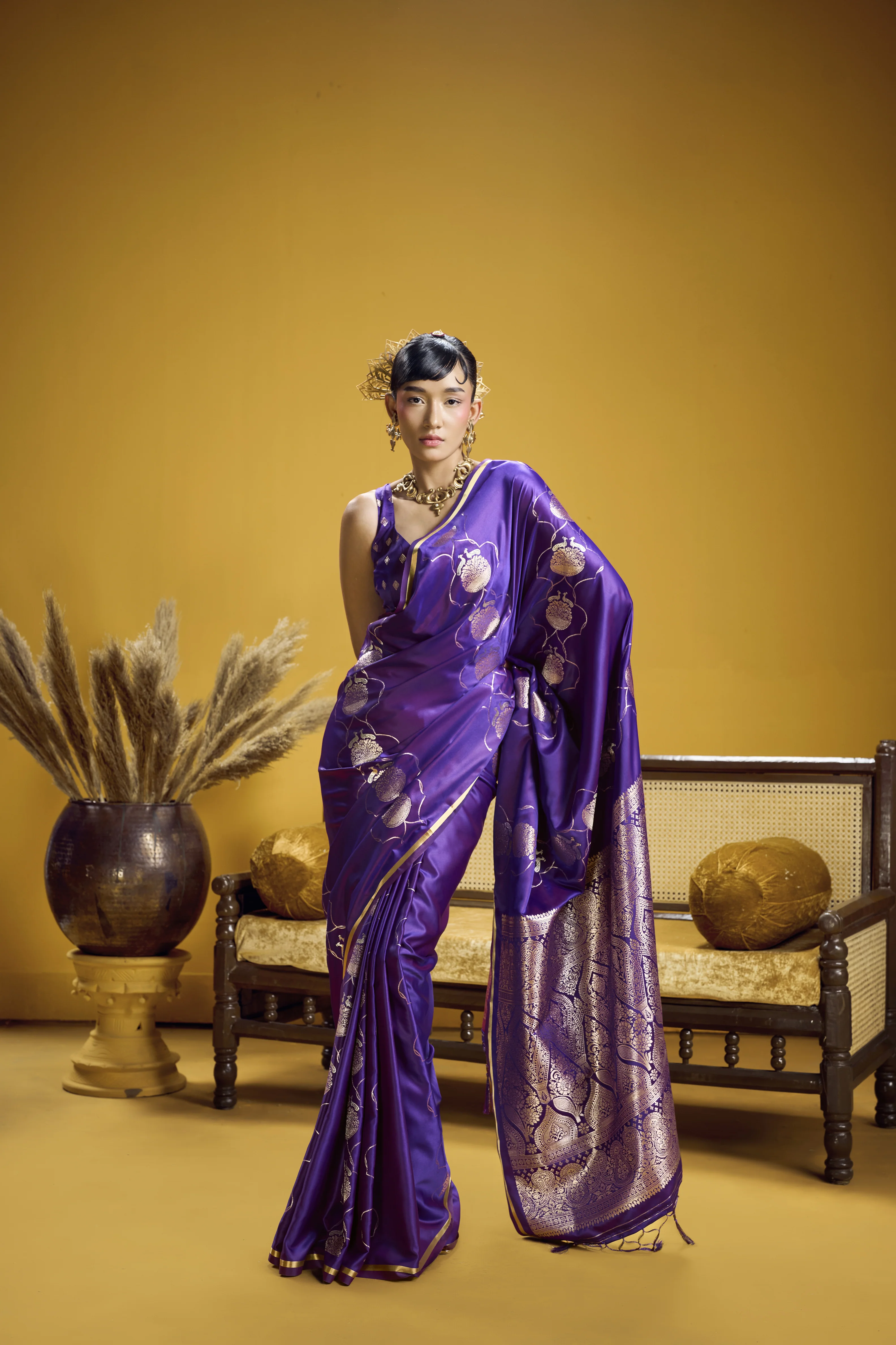 Royal Purple Satin Handloom Saree with Gold Woven Pallu - Image 3