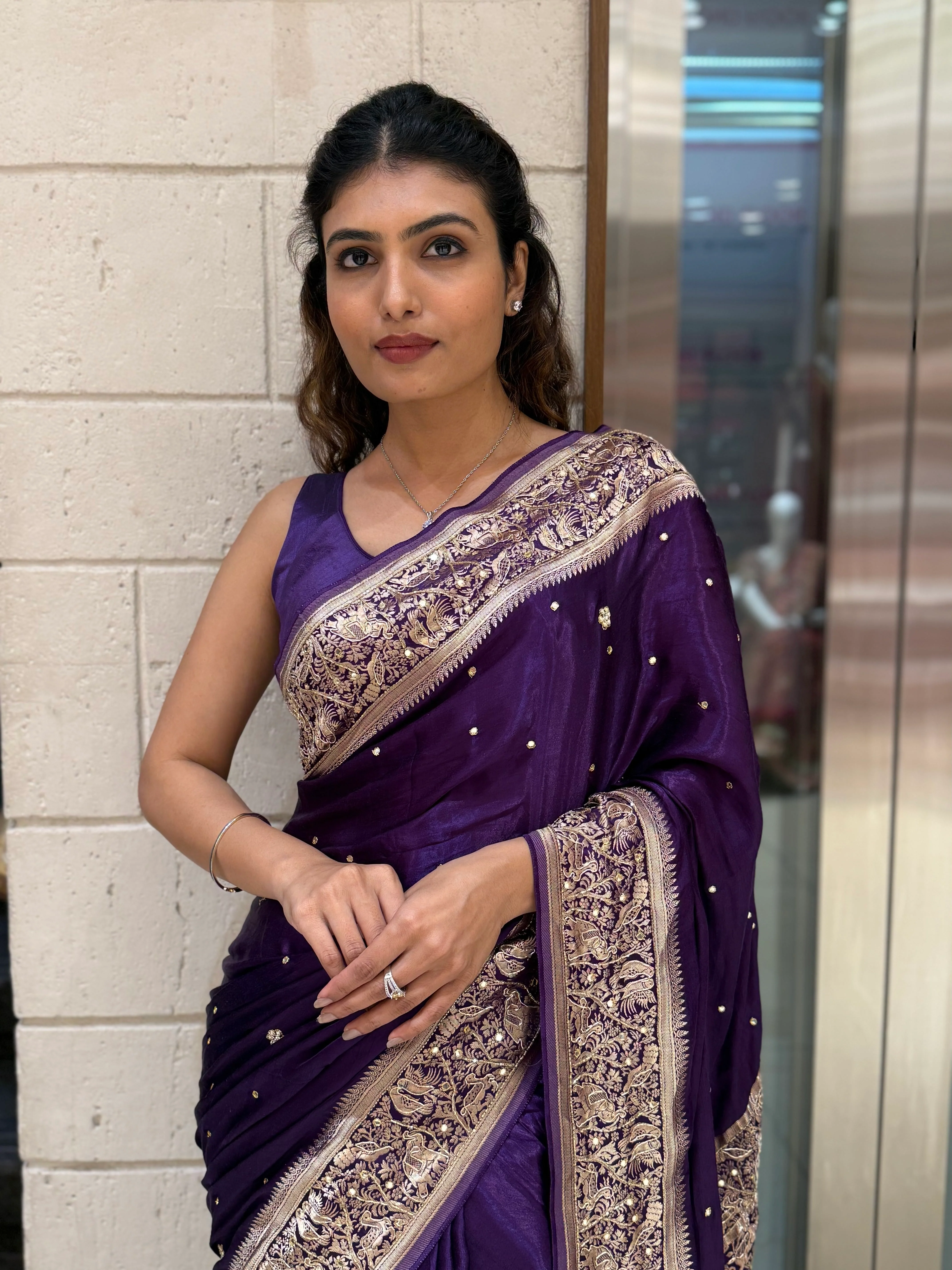 Royal Purple Satin Silk Saree with Zari Embroidered Border & Sequin Detailing - Image 2