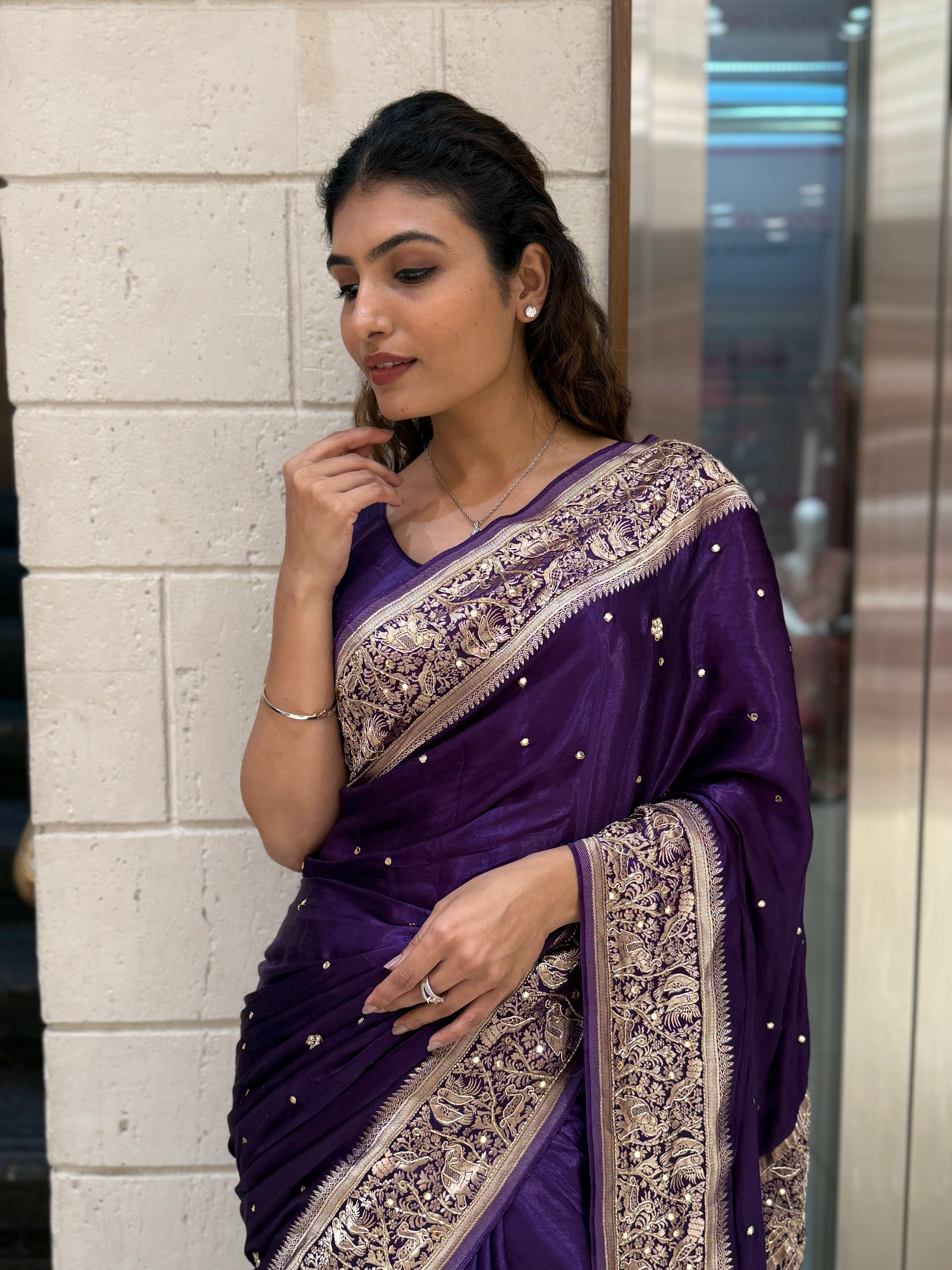 Royal Purple Satin Silk Saree with Zari Embroidered Border & Sequin Detailing - Image 3