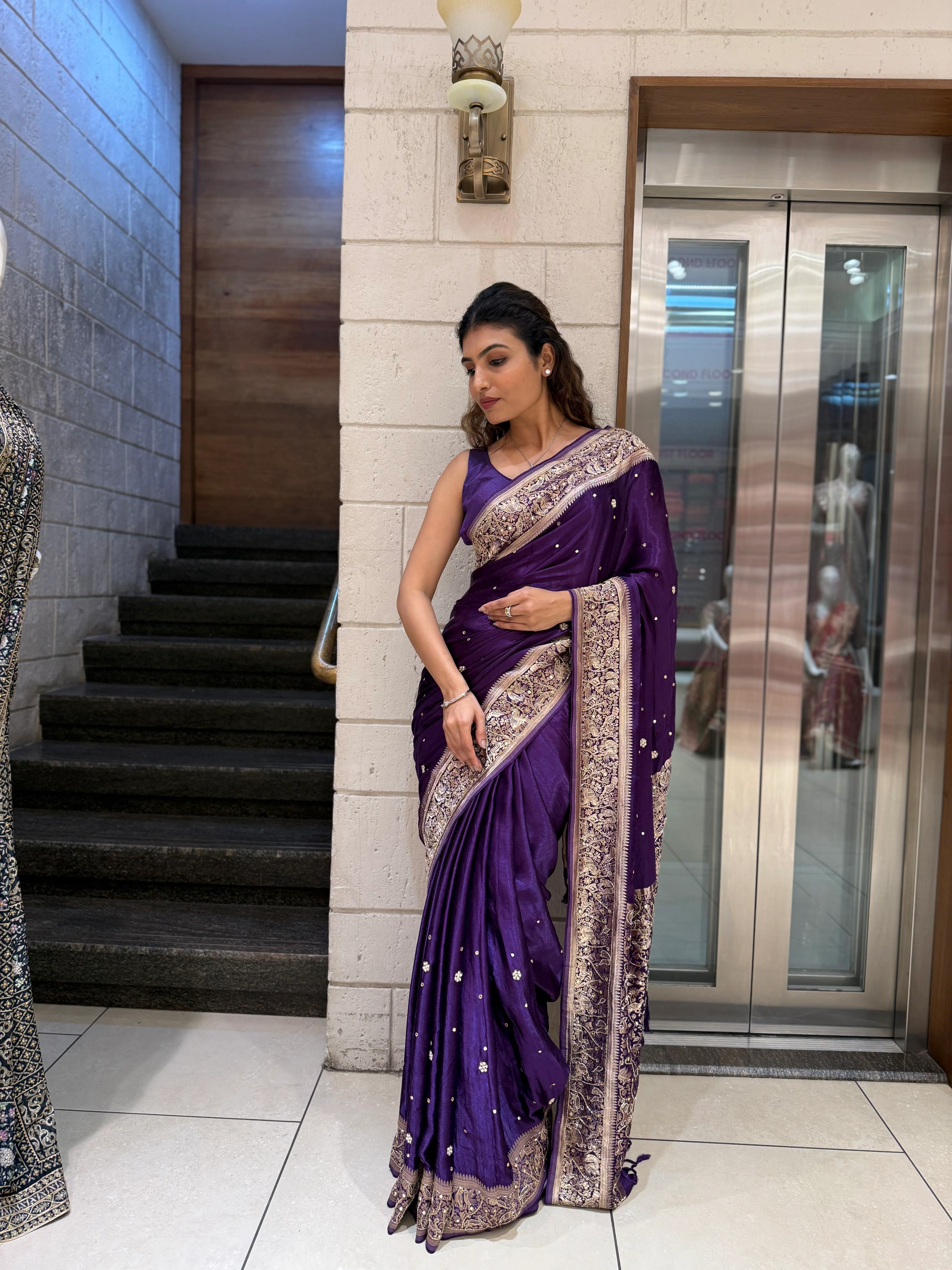 Royal Purple Satin Silk Saree with Zari Embroidered Border & Sequin Detailing - Image 5