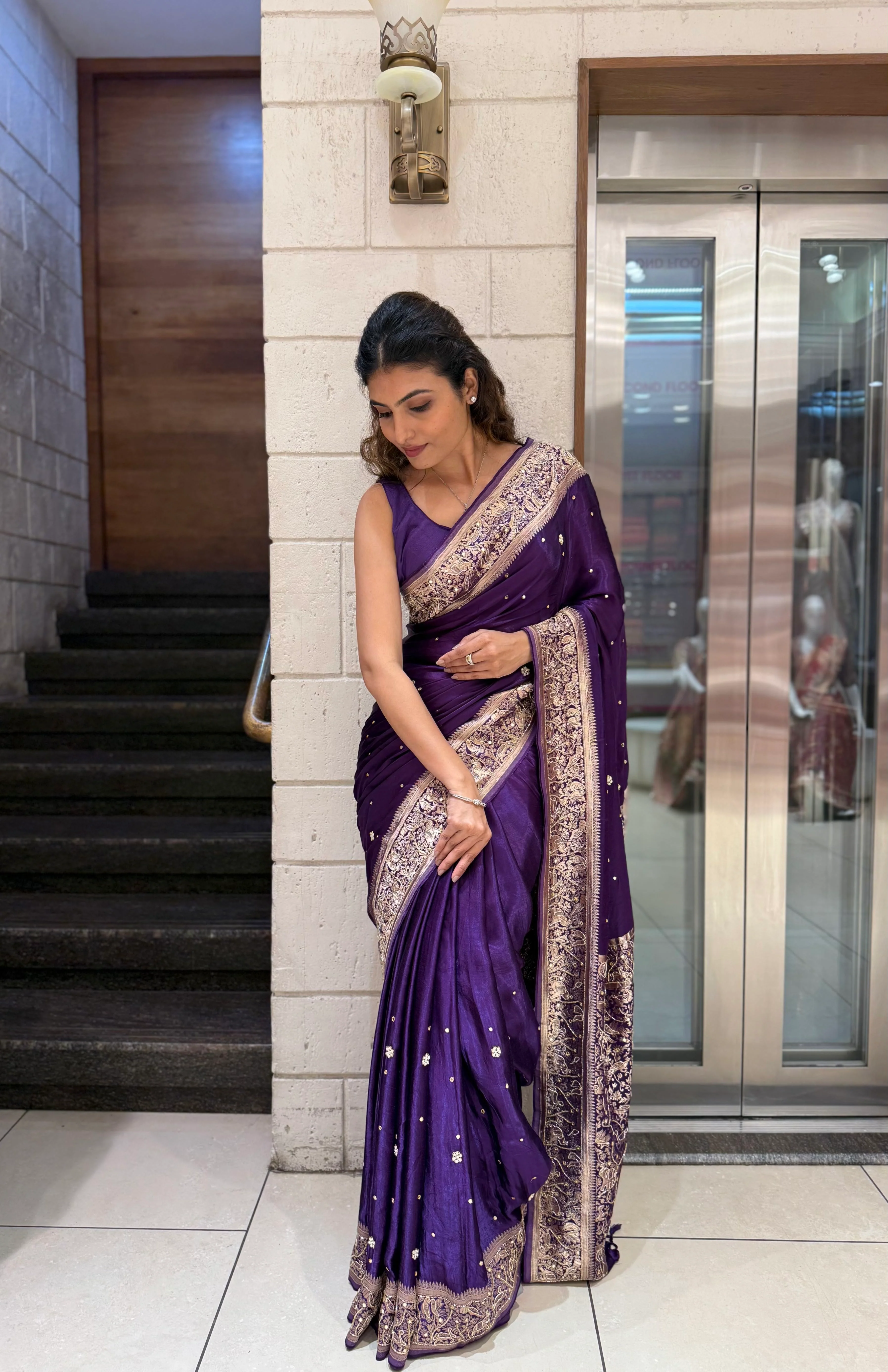 Royal Purple Satin Silk Saree with Zari Embroidered Border & Sequin Detailing - Image 6