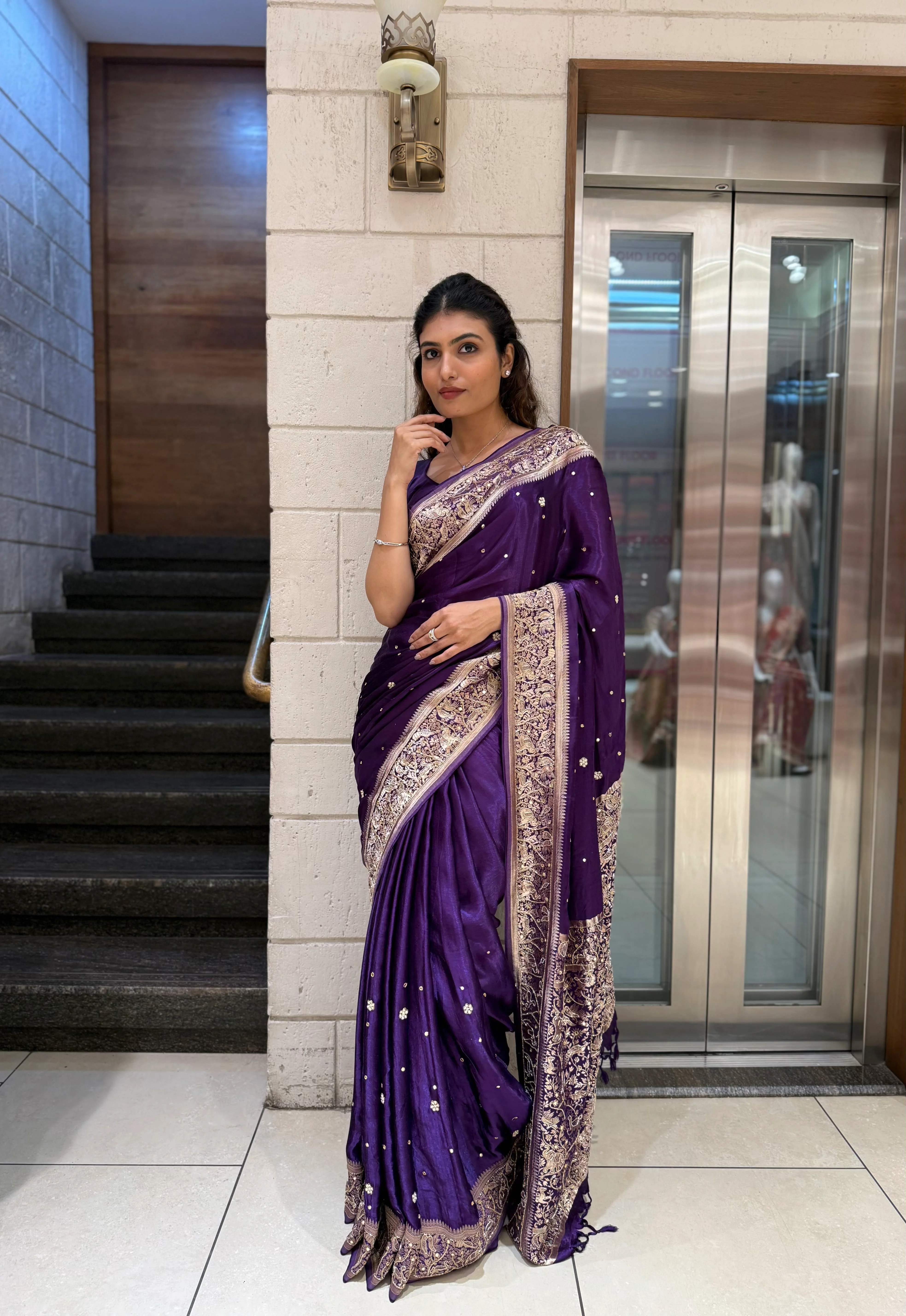 Royal Purple Satin Silk Saree with Zari Embroidered Border & Sequin Detailing - Image 7